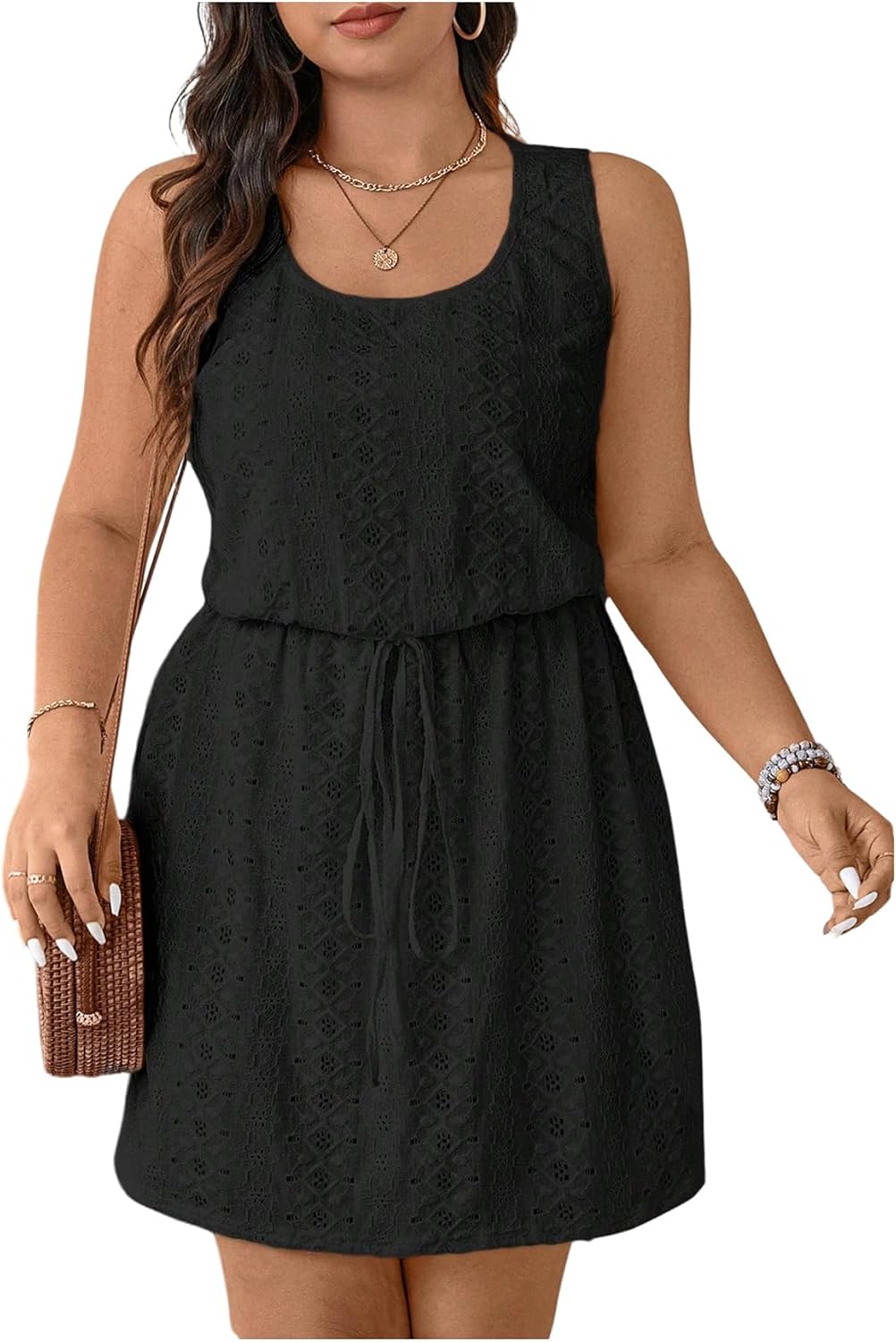 Floerns Women's Plus Size Eyelet Embroidered Tank Dress Scoop Neck Short Belted Dresses
