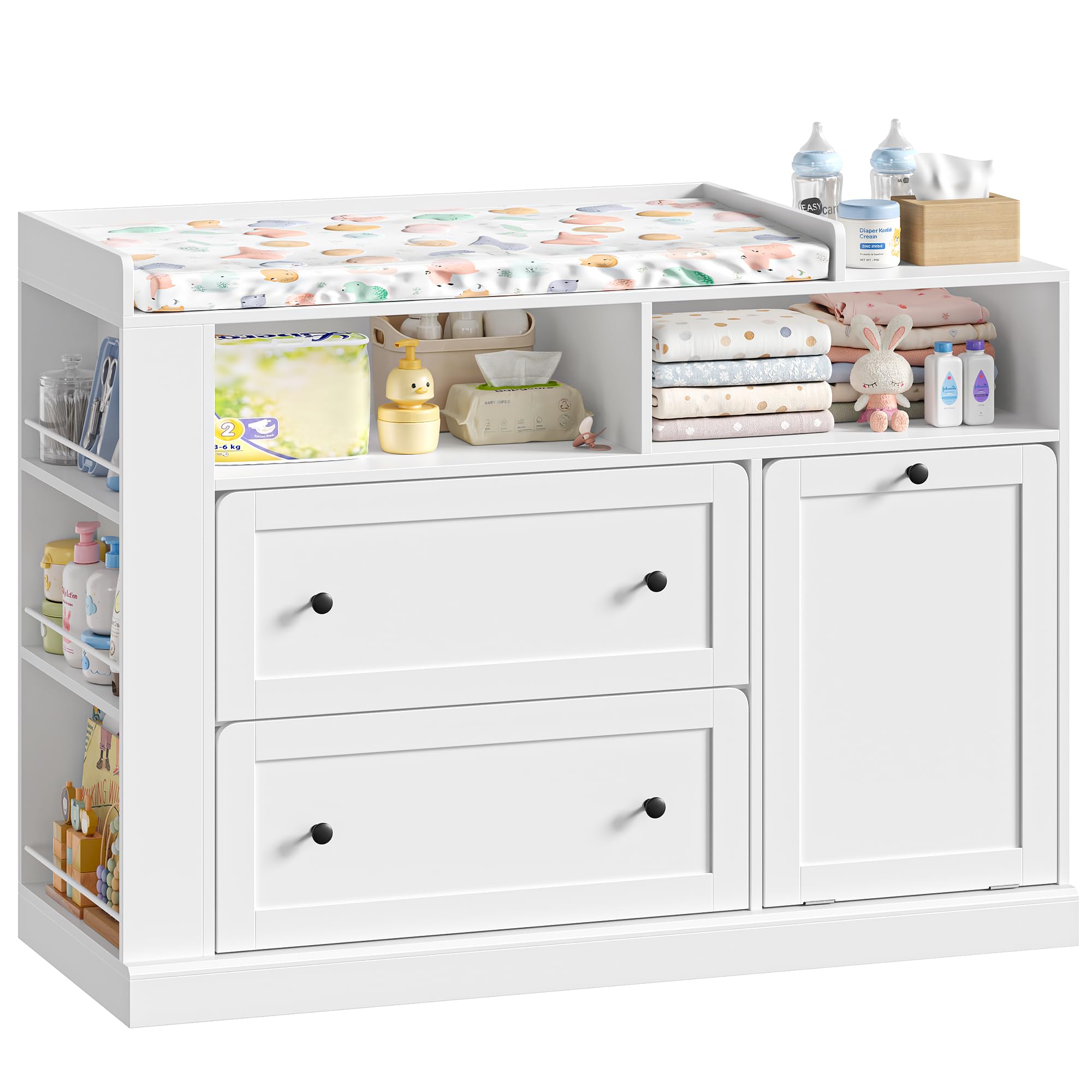 FOREHILL Baby Changing Table with Laundry Basket and 2 Drawers, 120cm
