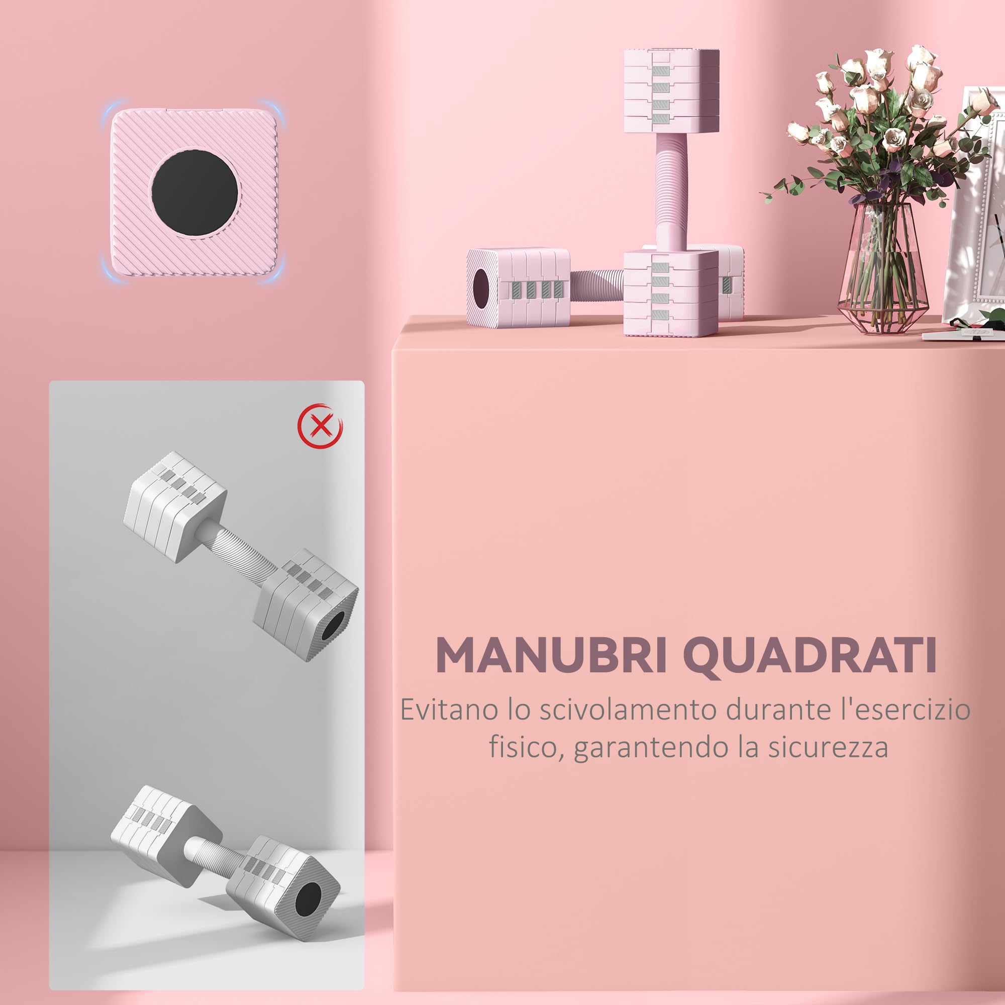 SPORTNOW Set di Manubri da 2x5 kg, Set Pesi Palestra Regolabili con Piastre Rimovibili e Impugnatura Antiscivolo, Pesi Manubri, in Acciaio, per Allenamento Fitness Casa e Palestra, Rosa