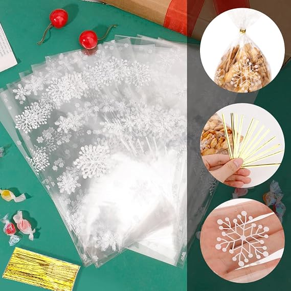 Christmas Cellophane Gift Bags, Christmas Treat Bags, 100 Pcs Clear Snowflake Cookie Candy Cellophane Bags with Twist Ties, goodie bags for Xmas Winter Holiday Party Favor Bags Goody Supplies