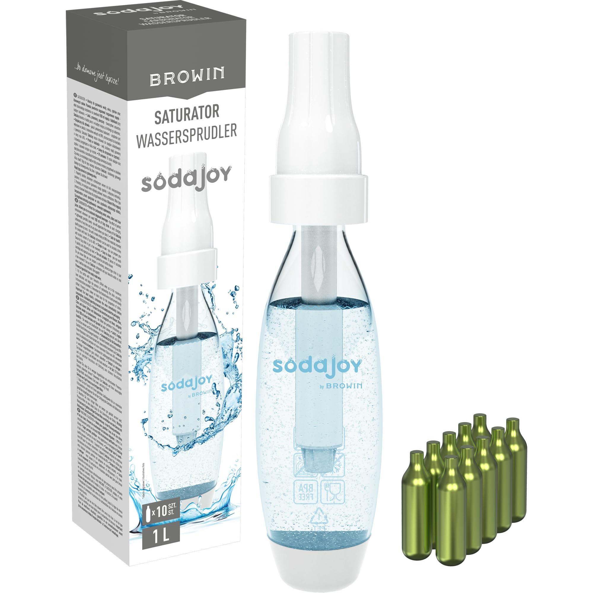 BROWIN® Wassersprudler SodaJoy 312022 | Set mit 10 CO2-Patronen | Sprudelwasser einfach selbst gemacht | Umweltfreundliche Alternative zu Einwegflaschen | Inklusive nachfüllbarer CO2-Patronen