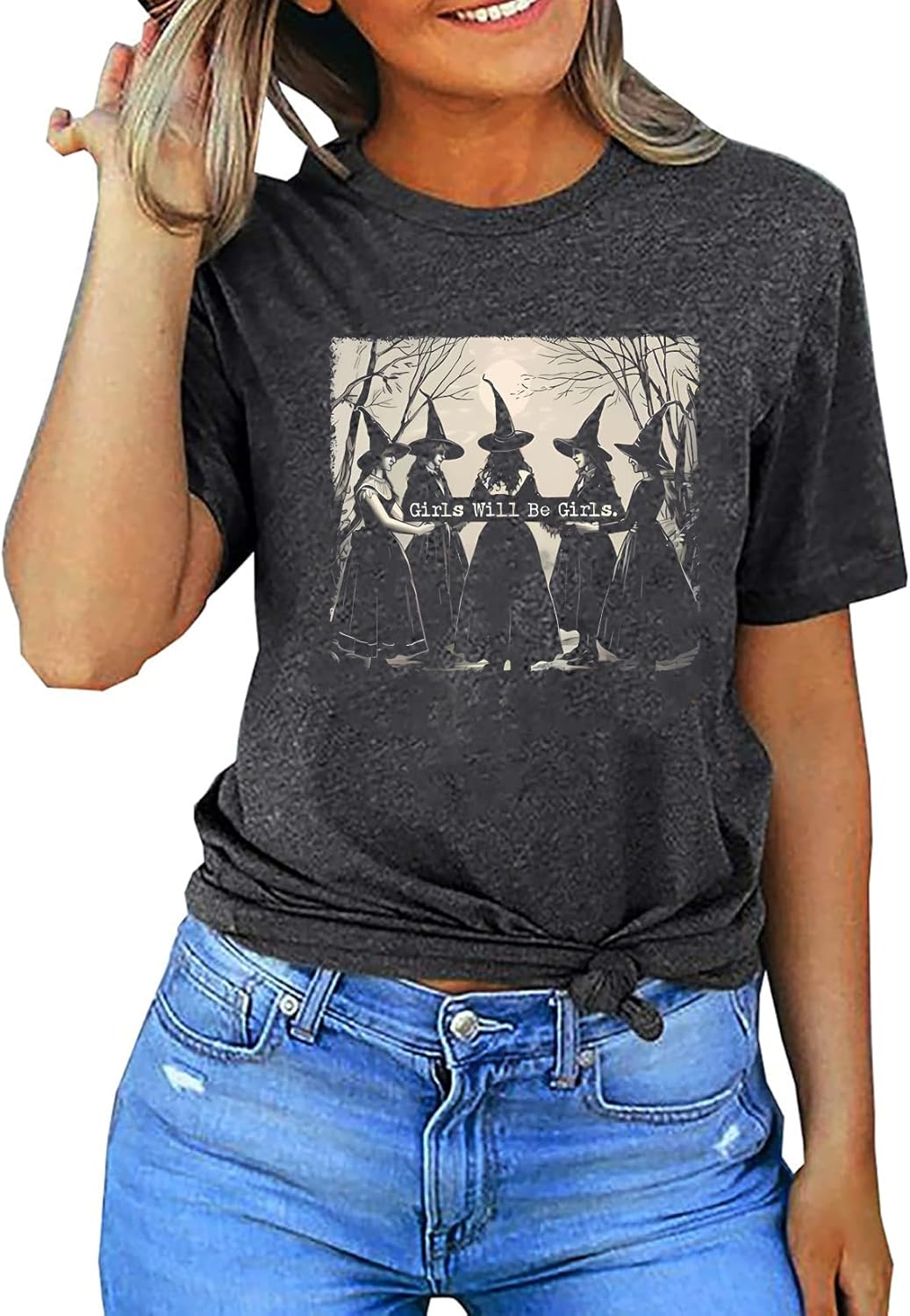 Girls Will Be Girls Halloween Witch Shirt Women Midsummer Witches Gather Graphic T Shirt Casual Halloween Party Tee Tops