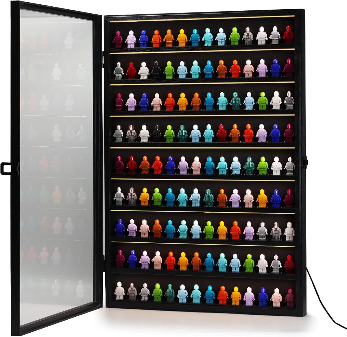 LED Minifigures Display Case-Wall Mount Miniature Action Figure Display Cabinet Holder-Holds 126 Figure Men Miniatures Collection-Lockable (Black Wood Finish)