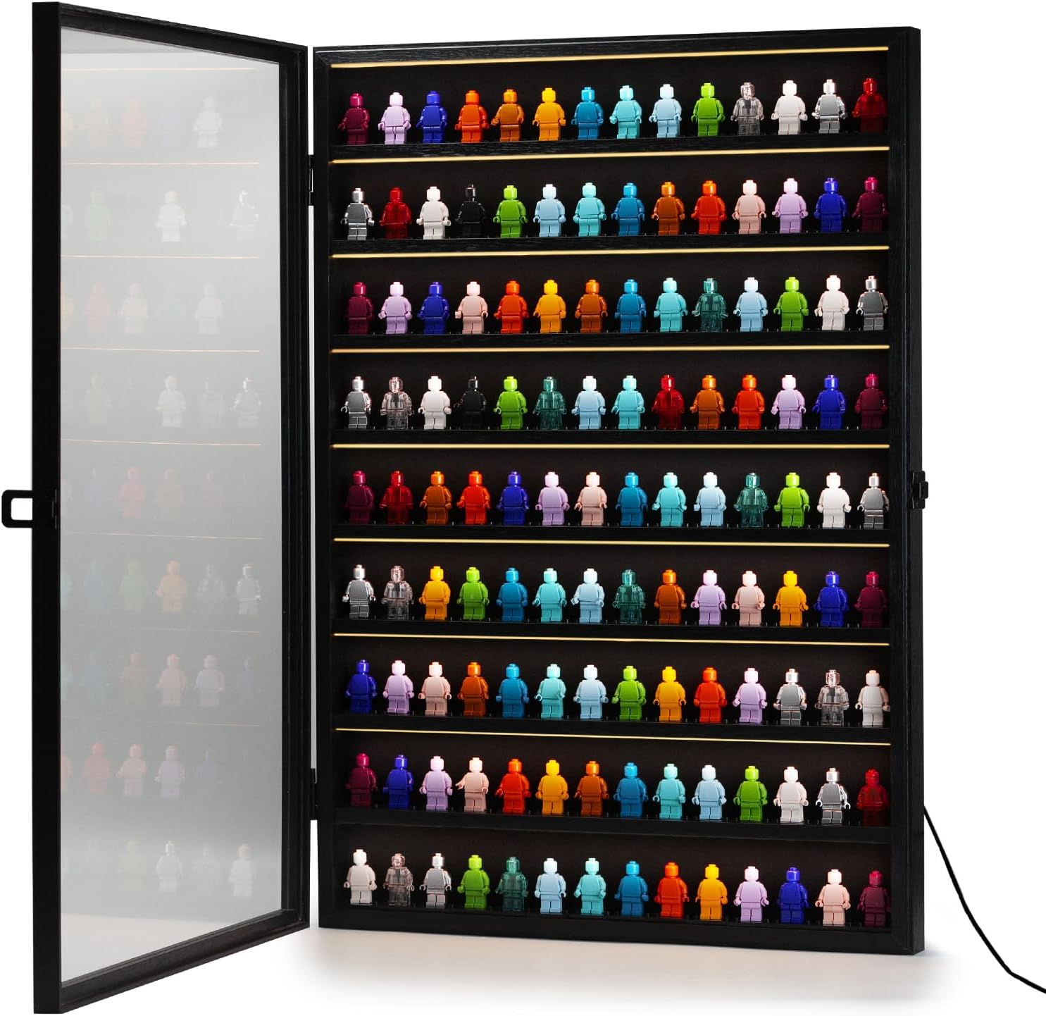 SIXPOINTS LED Minifigures Display Case-Wall Mount Miniature Action Figure Display Cabinet Holder-Holds 126 Figure Men Miniatures Collection-Lockable (Black Wood Finish)