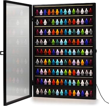 SIXPOINTS LED Minifigures Display Case-Wall Mount Miniature Action Figure Display Cabinet Holder-Holds 126 Figure Men Miniatures Collection-Lockable Black Wood Finish