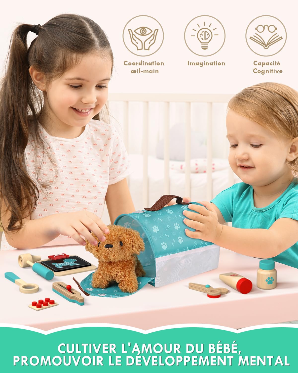 Malette Docteur Enfant, Vétérinaire Enfant en Bois, Malette Docteur avec Chien la Peluche, Jouet Fille 3 Ans(Vert)