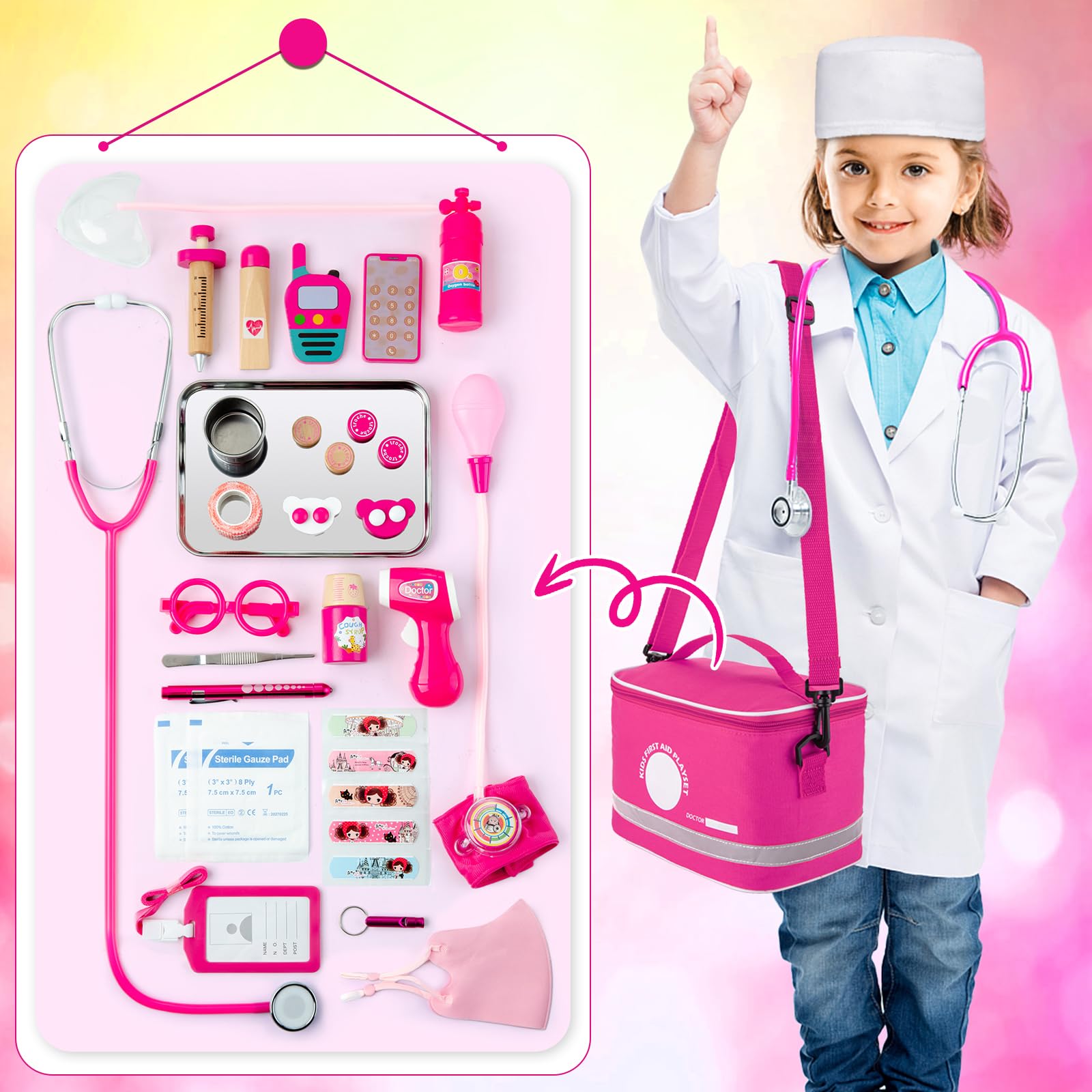 Doctor Kit for Kids Girls, 34 Pcs Kids Doctor Kit for Toddlers 3-5 with Medical Storage Bag & Real Stethoscope, Pretend Play Set for Boys Girls Fun Role Playing Game