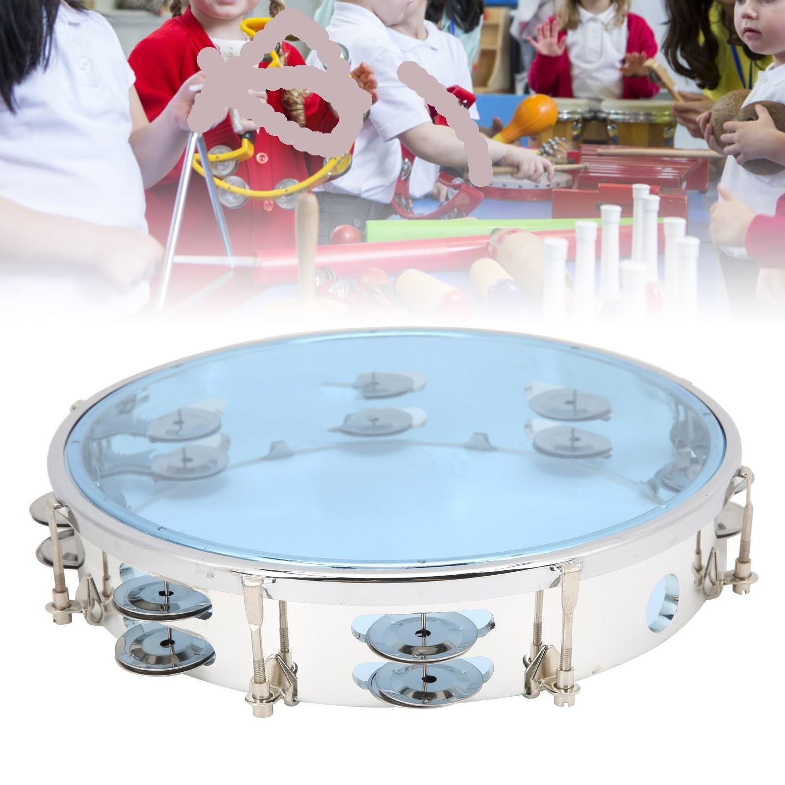 Pandereta ajustable de doble fila de 10 pulgadas, instrumento de percusión con sonajas for fiesta, color azul