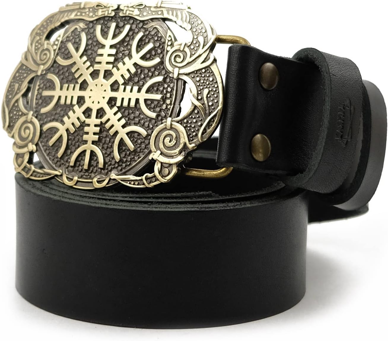 Leather belt with Helm of Awe buckle, Viking Helm of Terror Old Norse Scandinavian Viking Pagan military belt with solid brass buckle