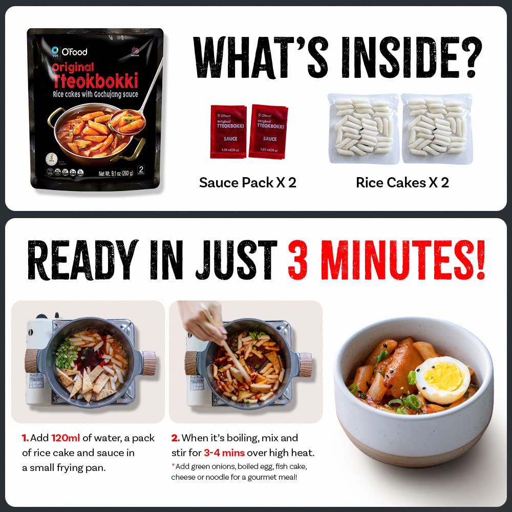 O'Food Korean Ready-to-Eat Bundle A, Tteokbokki, Instant Rice 12 PACK, Can Kimchi 4 PACK