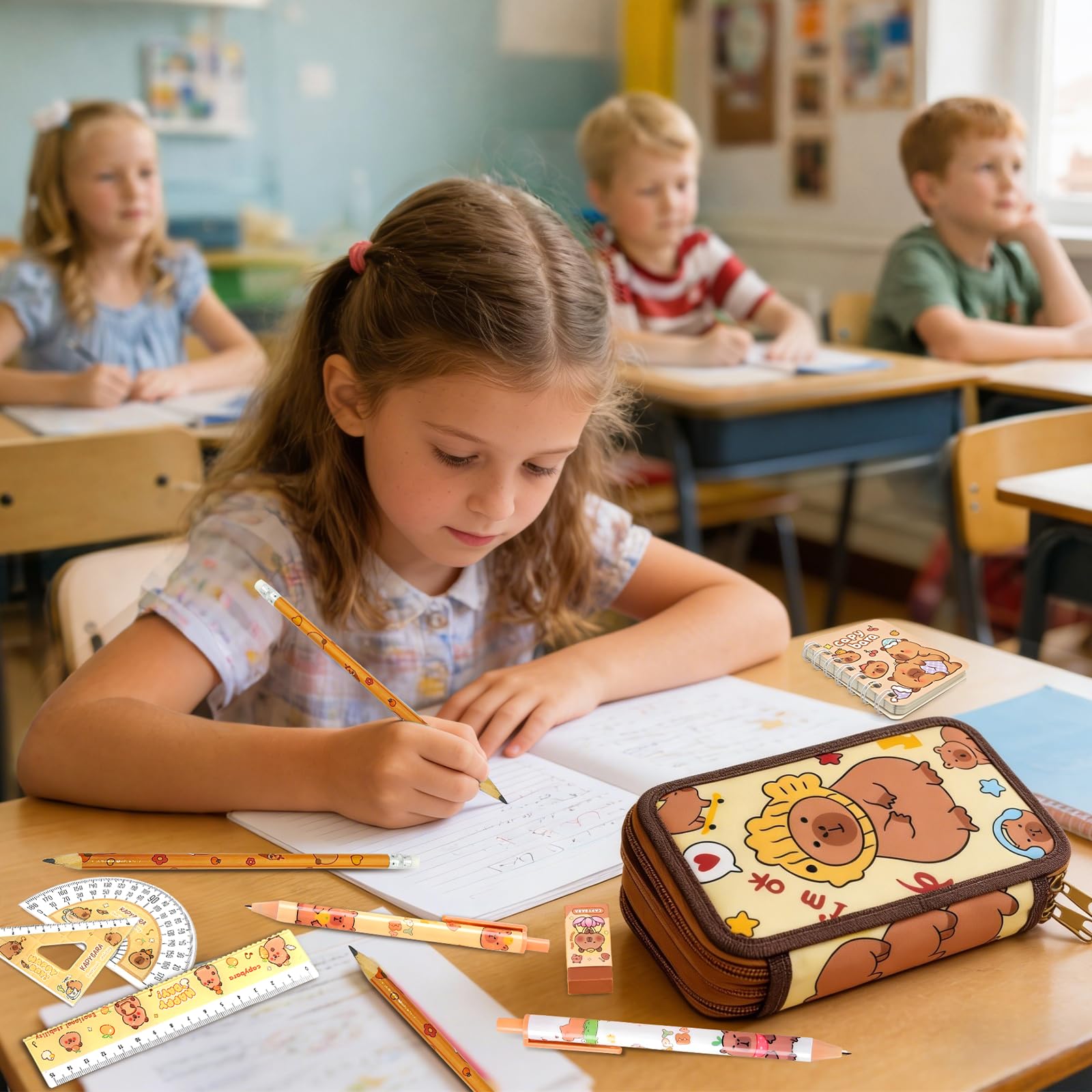 Capybara, set di 47 astucci per ragazzi e ragazze, 3 scomparti, astuccio con set di articoli di cancelleria, astuccio per la scuola, astuccio capybara