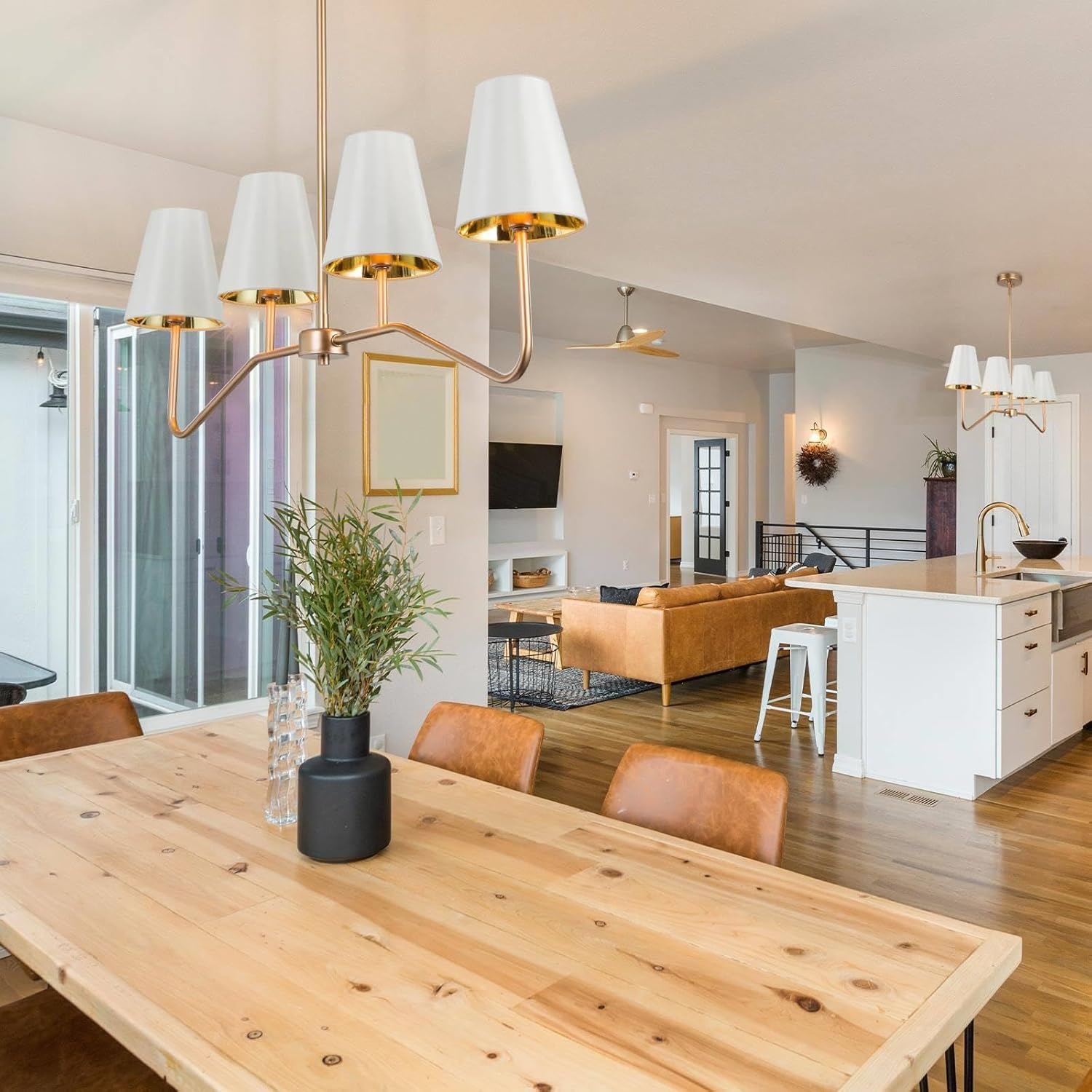 LOG BARN Gold Chandeliers for Dining Room, 4 Light Modern Linear Kitchen Island Lighting with Fabric Lampshade