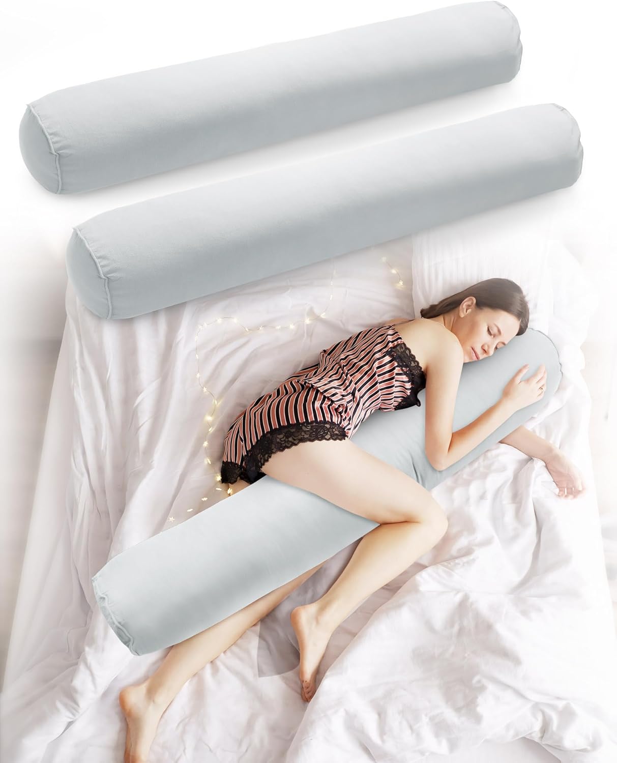 Geetery 2 Pcs Long Body Pillow 43.3 Inch Bolster Pillow for Adults with Removable Cover Long Round Cervical Roll Pillow Round Cylinder Pillows for Bed Neck Leg Pain Relief Pregnant Hugging Sleeping