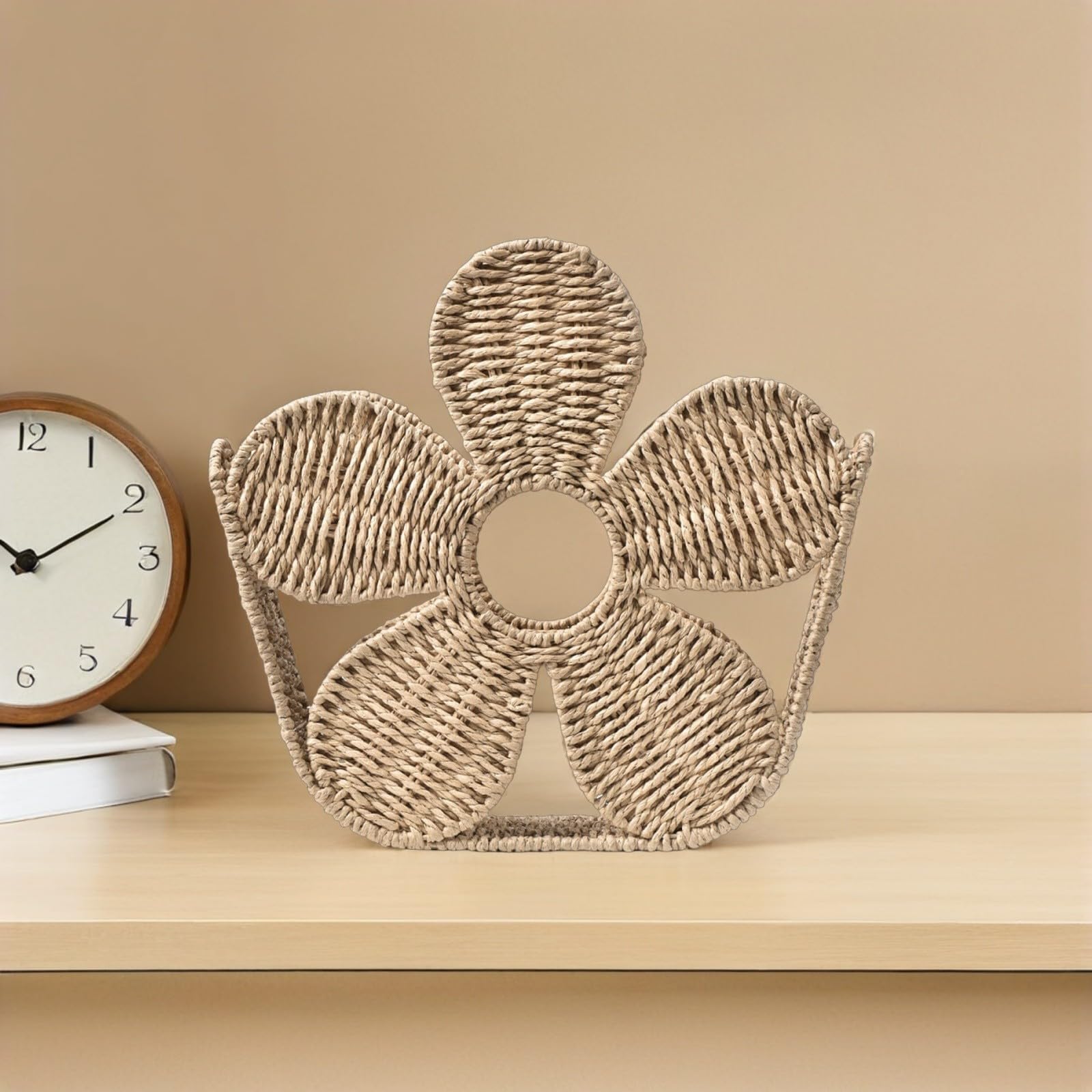 Garneck Cesta de Cuerda para Escritorio Diseño Floral, Organizador de Revistas Beige Superficie Fácil de Limpiar y Gran Capacidad de Almacenamiento para Dormitorio o Baño