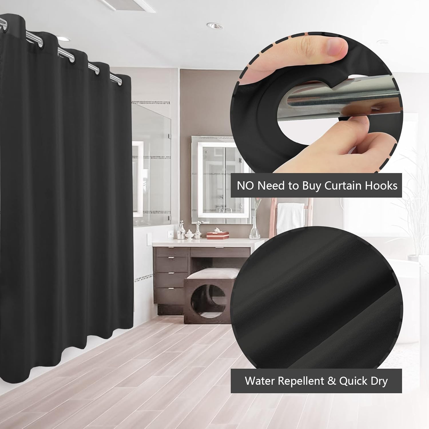 River Dream No Hook Hotel Cloth Black Shower Curtain Microfiber Waterproof - Soft Fabric Shower Curtain or Liner Washable, Black, 71x74 Black 71"W x 74"L (Pack of 1)