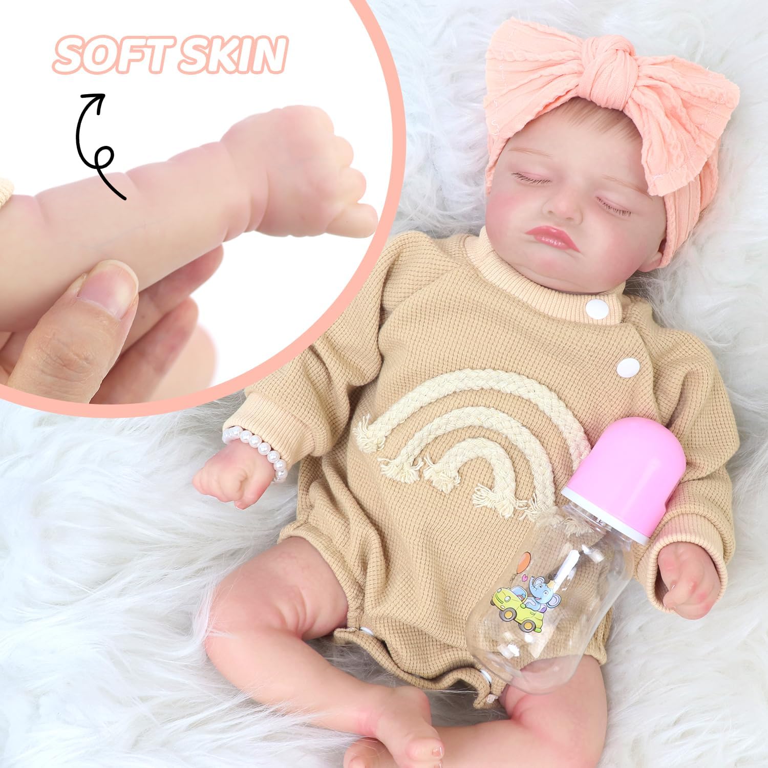 Ecore Fun Lifelike 18 Inch Reborn Doll- Realistic 18" Sleeping Baby Dolls Soft Body Real Life Doll Playset Includes Dolls, Outfits, Pacifier, Bottle, Diaper & Toy Bear