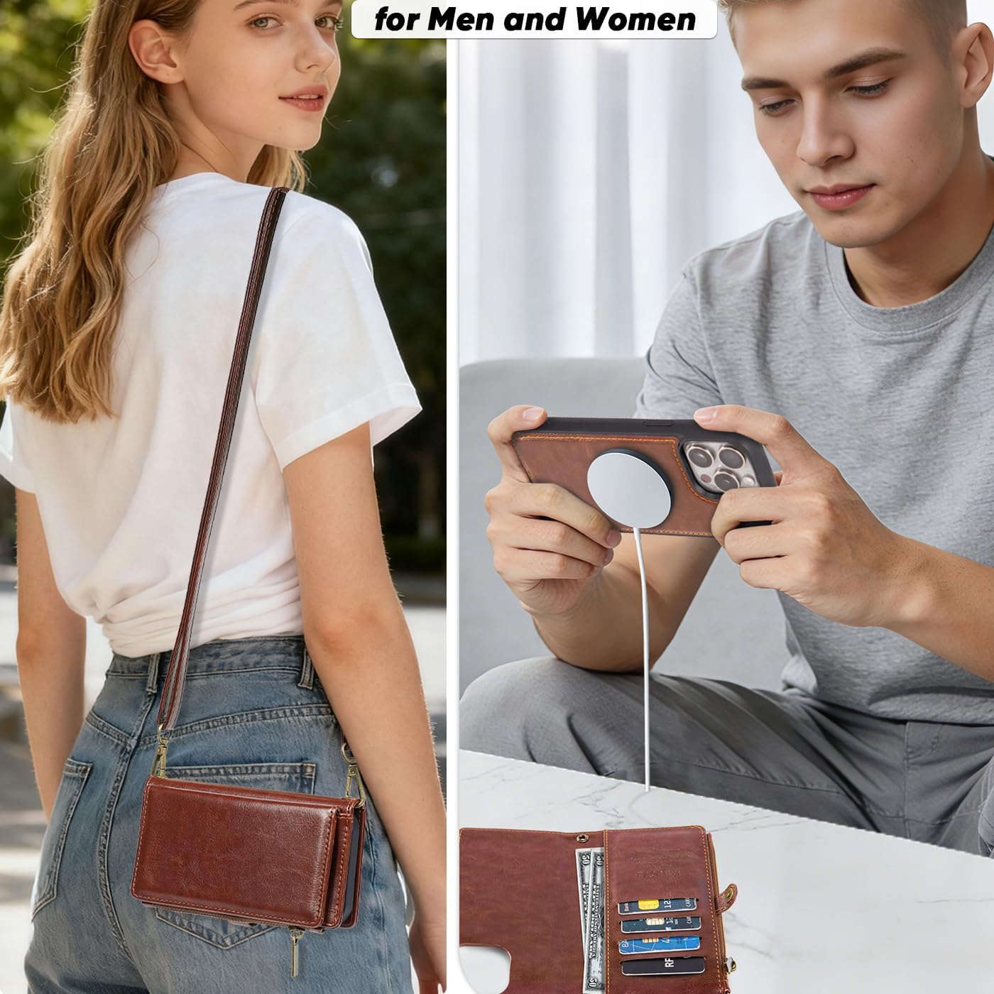 MInCYB for iPhone 15 MagSafe Wallet Case – Detachable Magnetic Wallet with RFID Blocking, PU Leather Zipper & Strap for Women Men. Brown