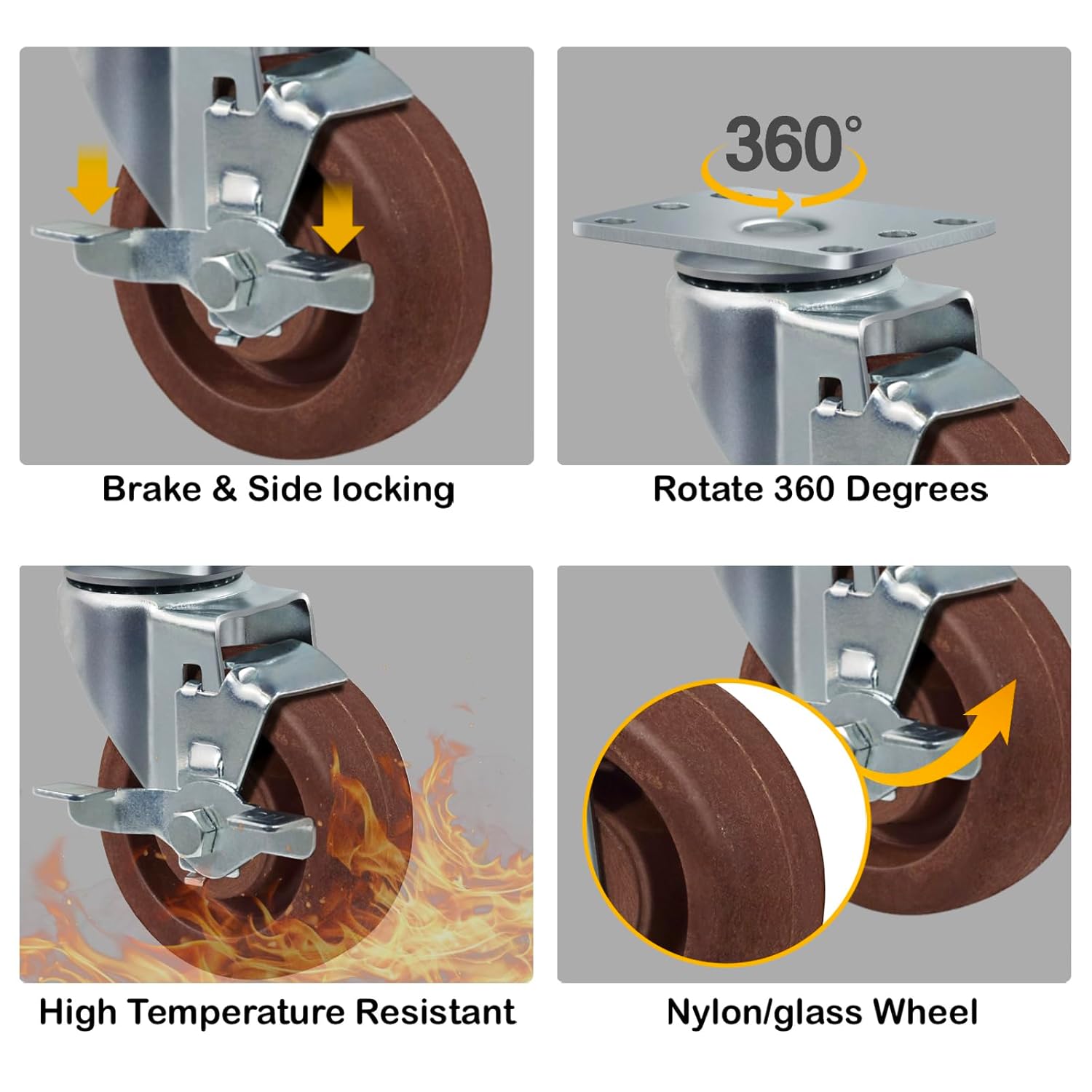 4"X1.5" Heavy Duty Casters- Hi Temperature Wheels, Set of 4 with Strong Capacity 2800 LB, Temperature Range:-40F to 525F. Use for Equipment Such as Ovens,Kilns,and Dryers (2 Brake&2 Swivel)