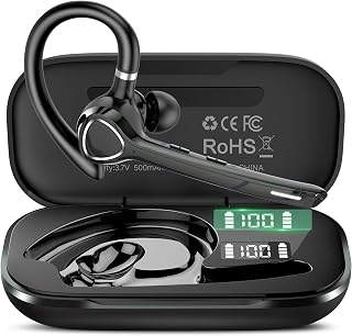 Bluetooth Headset with APTX HD Audio, Wireless Hands-Free Earpiece with CVC 8.0/ENC Dual Mic, Mute Button & Dual Device Connection, 90H Playtime Single-Ear Headphone for Trucker, Business, Black