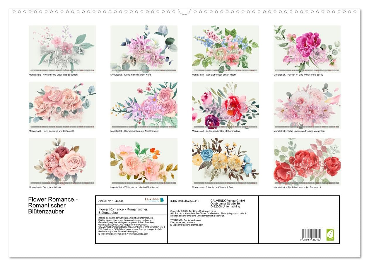 Flower Romance - Romantischer Blütenzauber (Wandkalender 2026 DIN A2 quer), CALVENDO Monatskalender: Romantischer Begleiter für's ganze Jahr mit zauberhaften Sprüchen (CALVENDO Lifestyle)