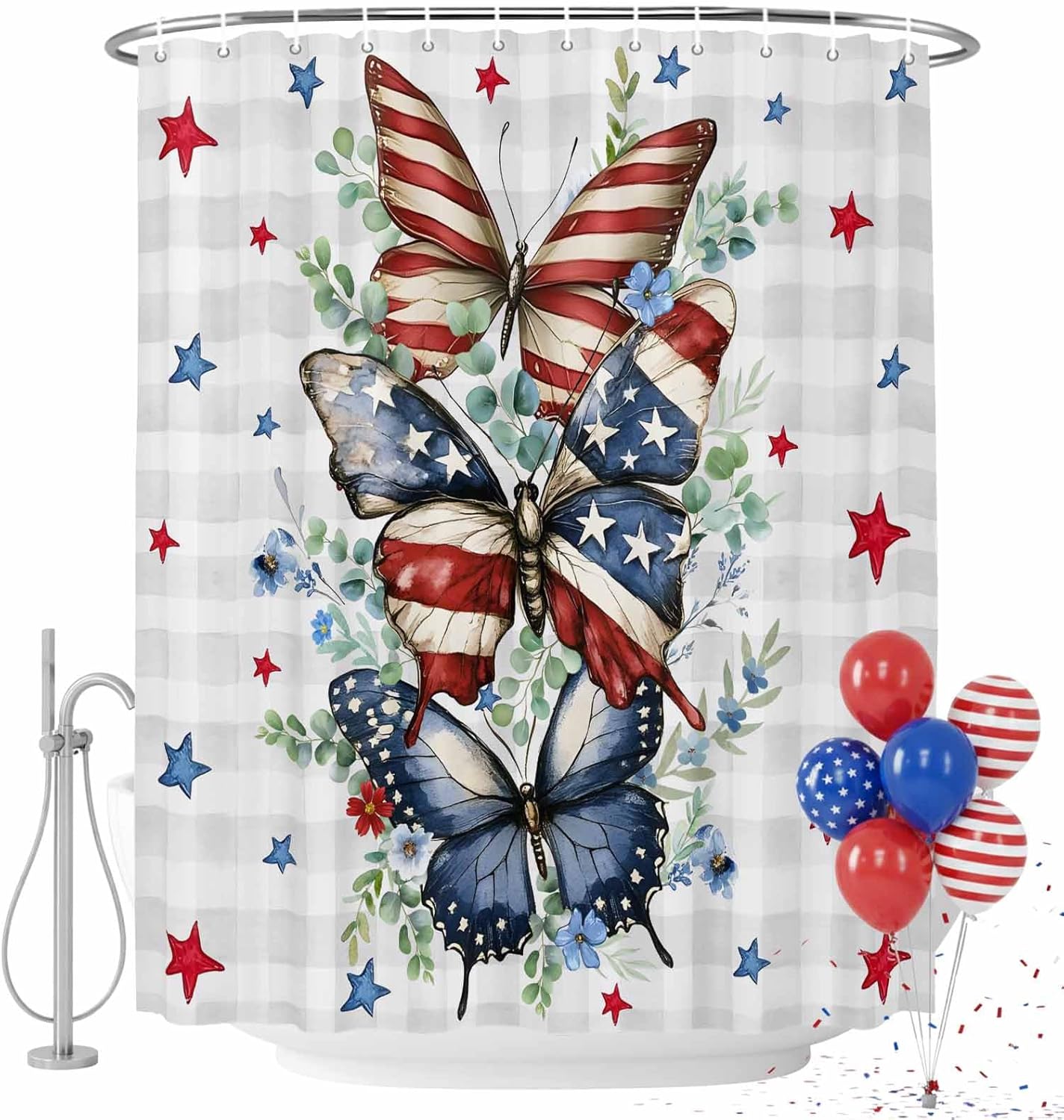 4th of July Shower Curtain Red Blue Stars Butterfly Bathroom Curtains with Hooks, Waterproof Eucalyptus Leaves Plaid Independence Day Shower Curtains Set for Bathroom Bathtubs Memorial Day 72x72