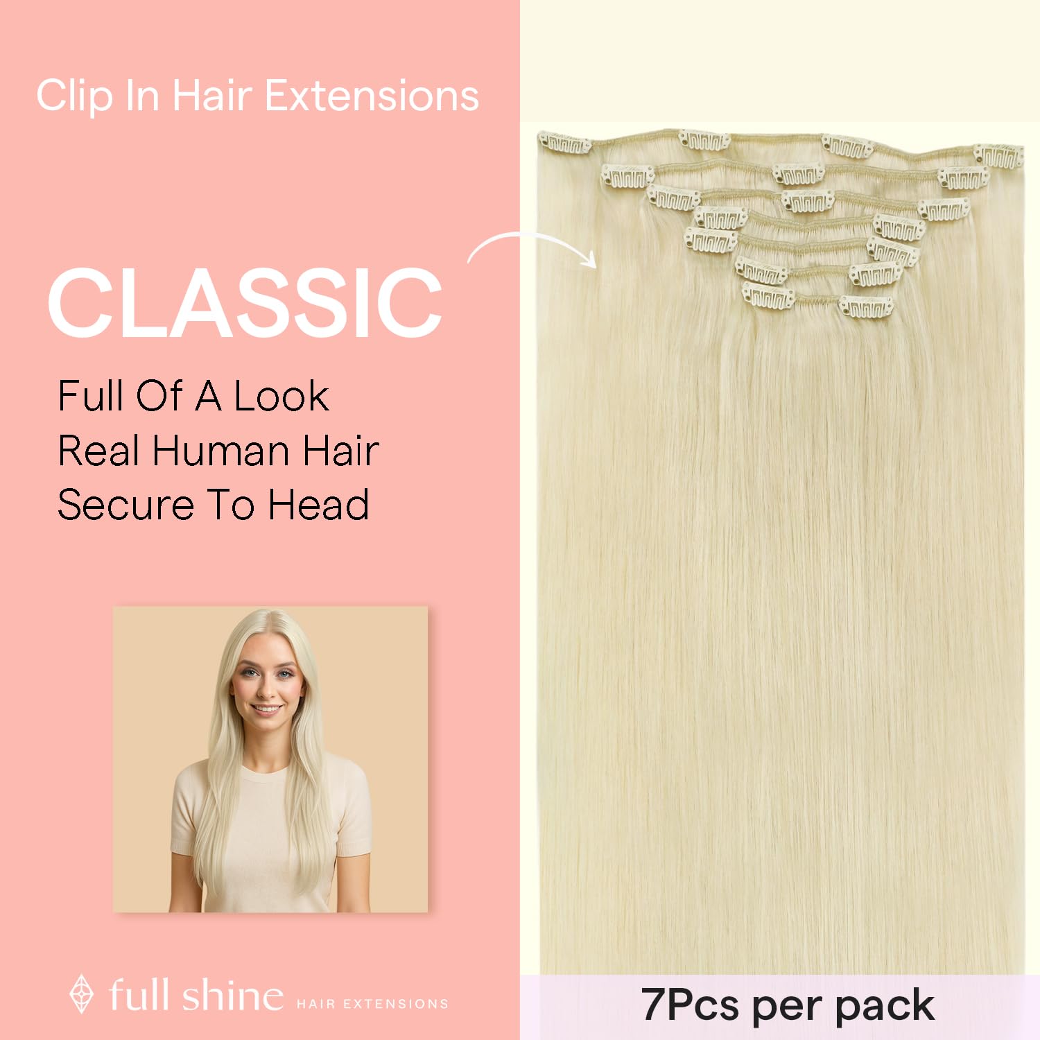 Full Shine Blonde Human Hair Clip in Extensions, 10 Inch Invisible Double Weft for Women, Silky Straight for Short Hair 7Pcs 95g