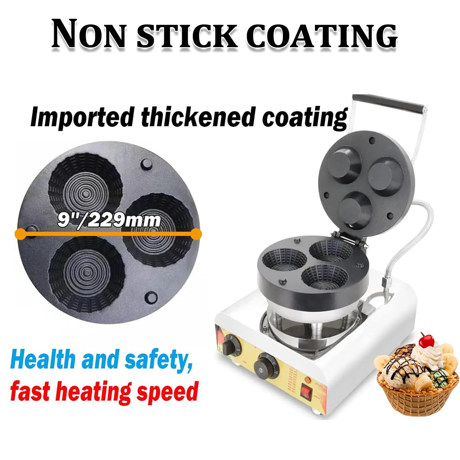 Macchina per coni waffle da 1600 W, professionale, antiaderente, con cestello per waffle e maniglia termoisolante, ideale per gelati, snack e frutta, con 3 piastre.