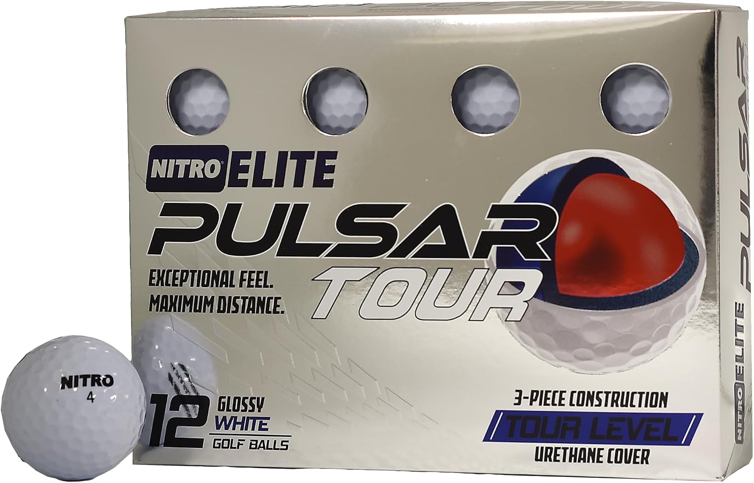 Nitro Elite Pulsar Tour-Level 3-Piece Urethane Golf Ball- 12 pk