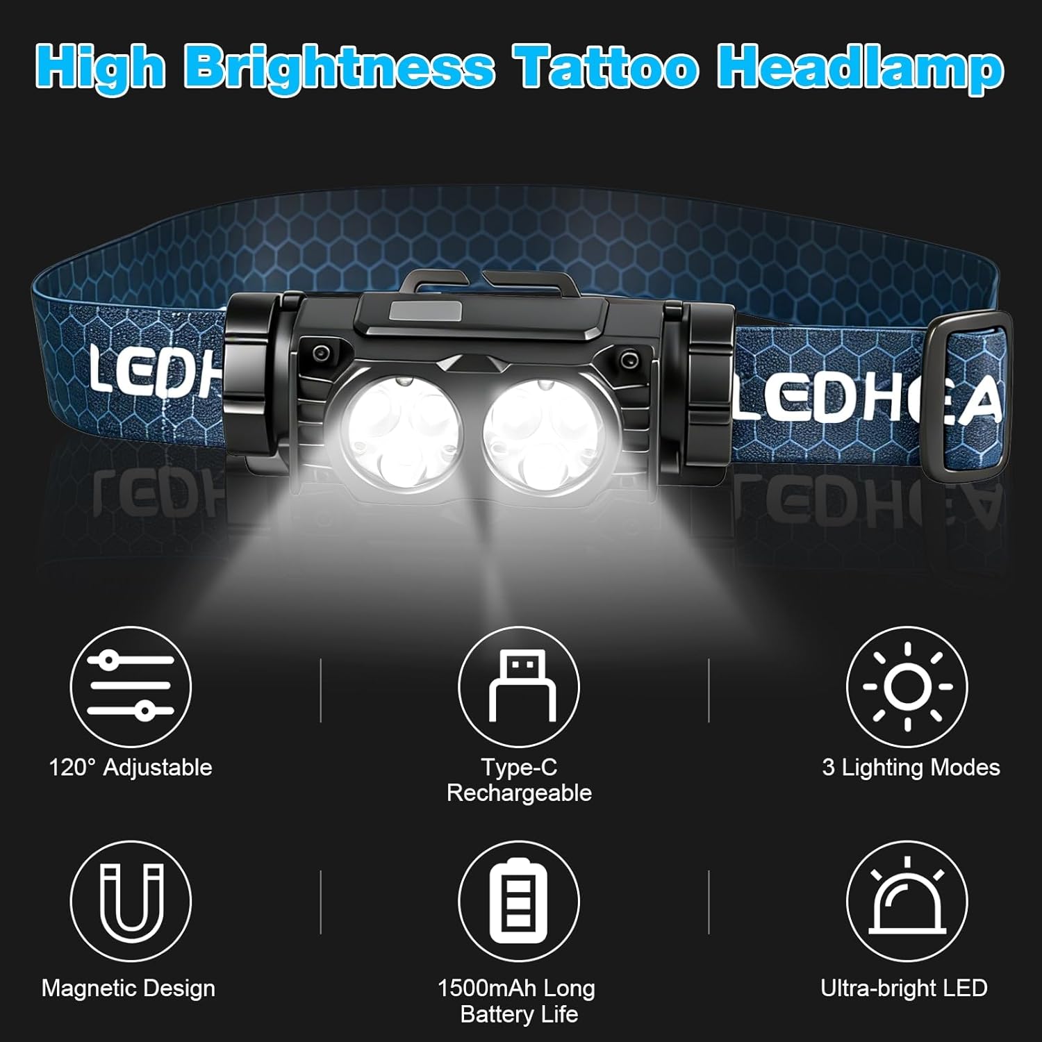 Tattoo Light with Tattoo Headlamp and Polarized Tattoo Vision Glasses, Rechargeable Tattoo Headlight for Artists & Beginners, Anti-Glare and Enhance Tattoo Color Details