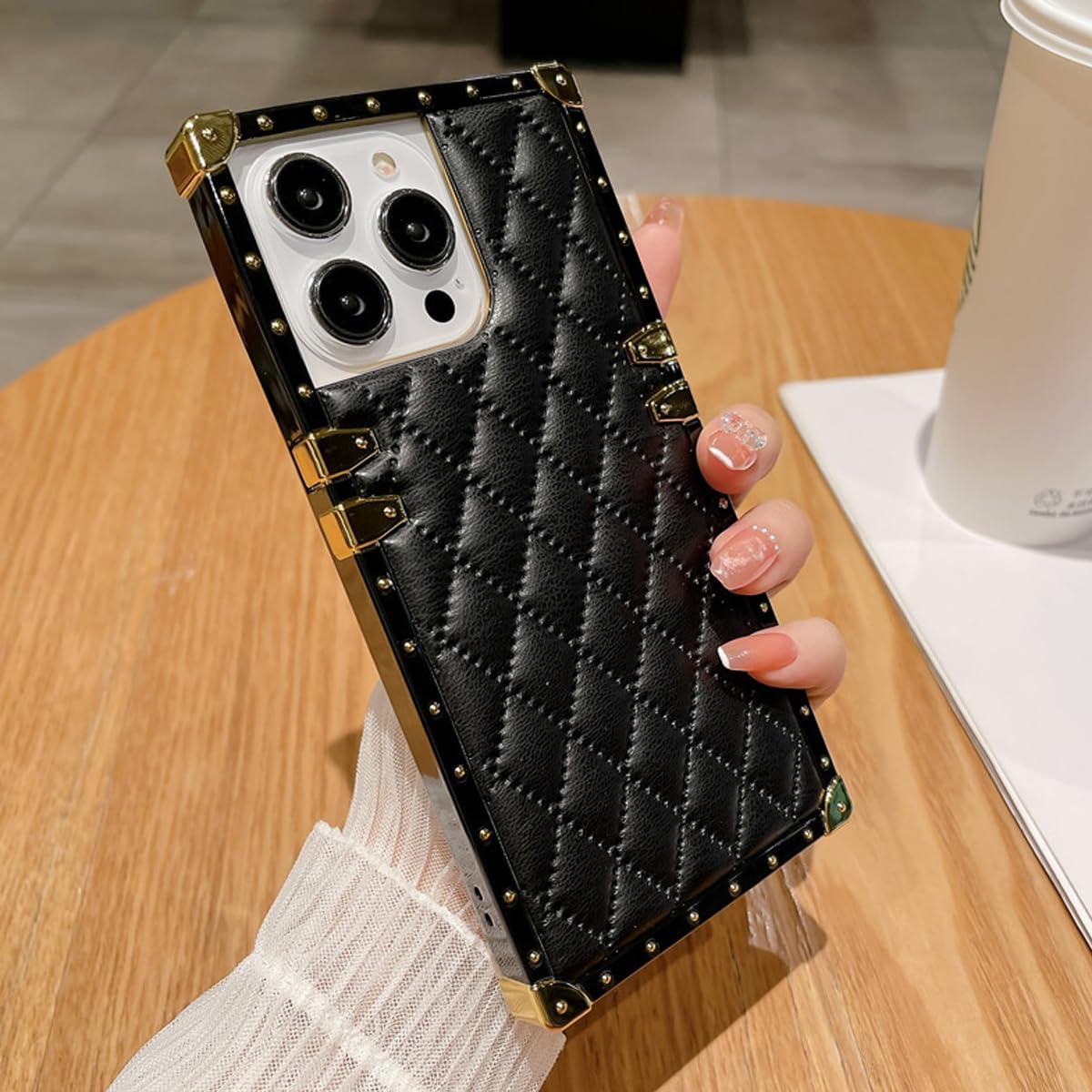 for iPhone 15 Pro Max Case for Women,Cute Luxury Golden Decoration Corner Soft TPU Bumper Elegant Shockproof PU Leather Back Girls Protective Phone Case for iPhone 15 Pro Max 6.7 Inch (Black) - Image 7