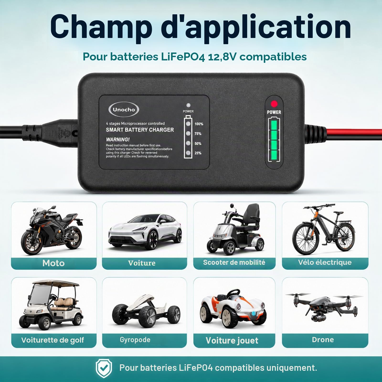 Chargeur de Batterie LiFePO4 14,6 Volt 4 étapes Chargeur de Batterie Lithium 12,8 Volt 4 étapes pour Voitures, Motos, tondeuses à Gazon, camions, Bateaux et voiturettes de Golf(Prise EU)