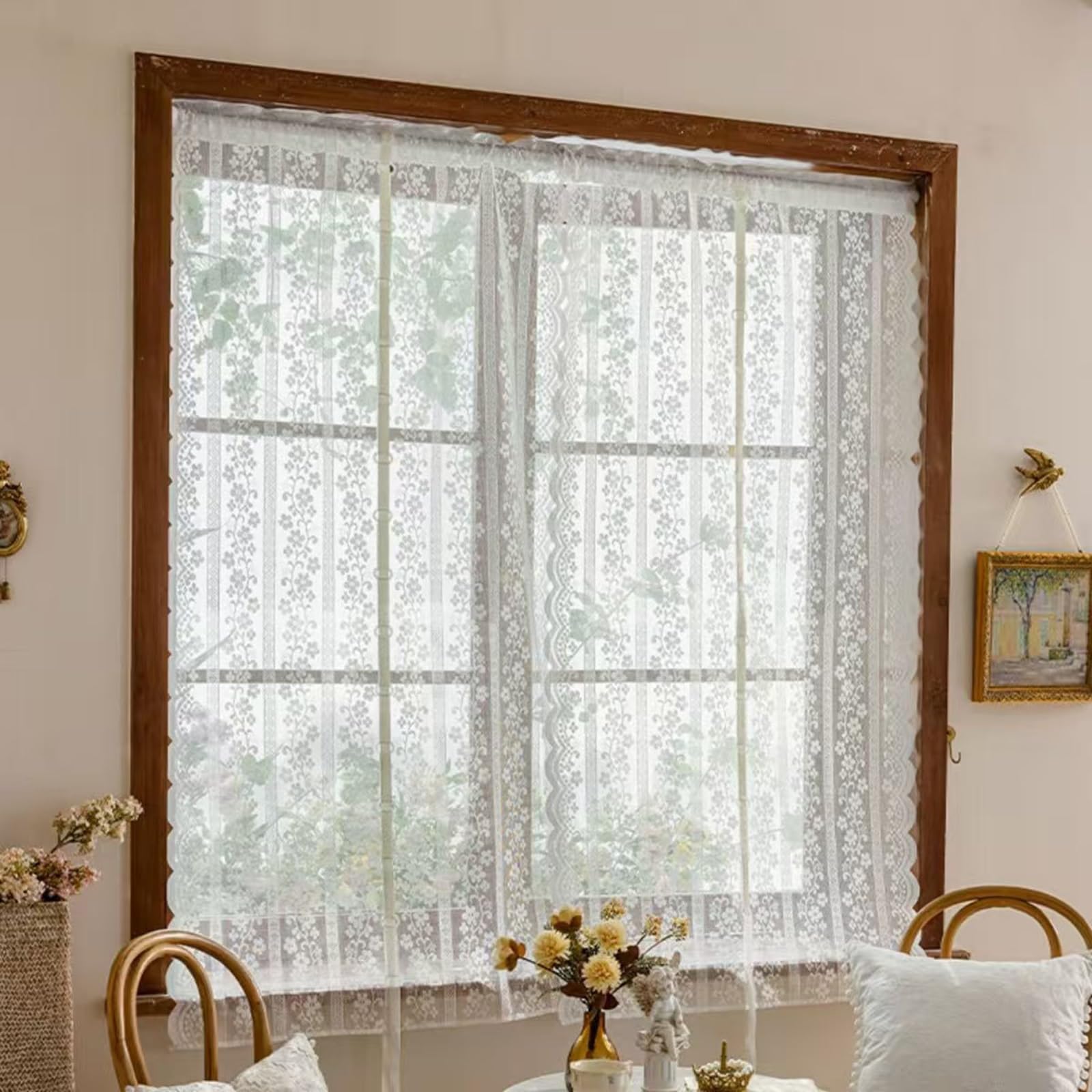 2er Gardine Scheibengardinen Voile Vorhang Gardine Transparente Spitze Blumenstickerei Kurzvorhang Kurzgardinen Küchengardine Küche Vorhang Fenster Kurz Stores Bistrogardine H150xB60cm, Weiß
