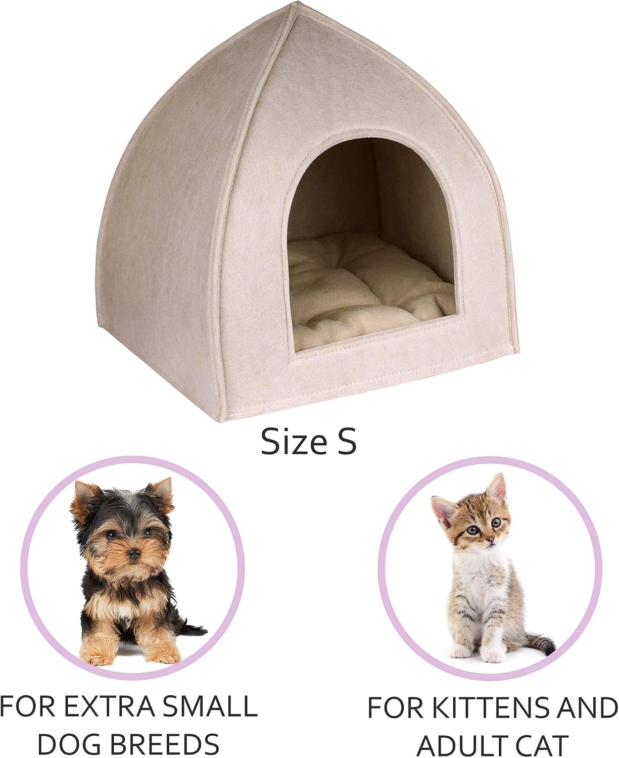 BronzeDog Cat House Bed with Removable Cushion Pad Cozy Kitten Cave Cute Pet Tent Beds for Cats Puppy Small Dogs (S, Beige)