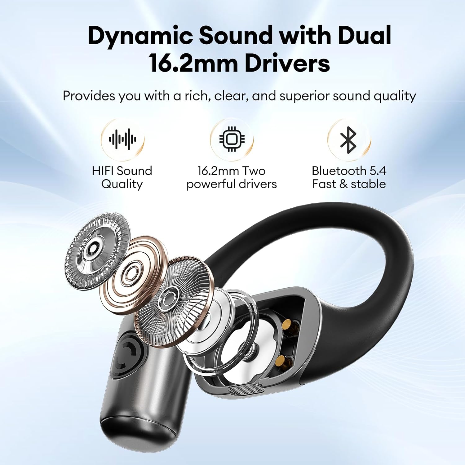 Diagram illustrating the 16.2mm dynamic drivers inside the TF-T13 earbud for enhanced sound.