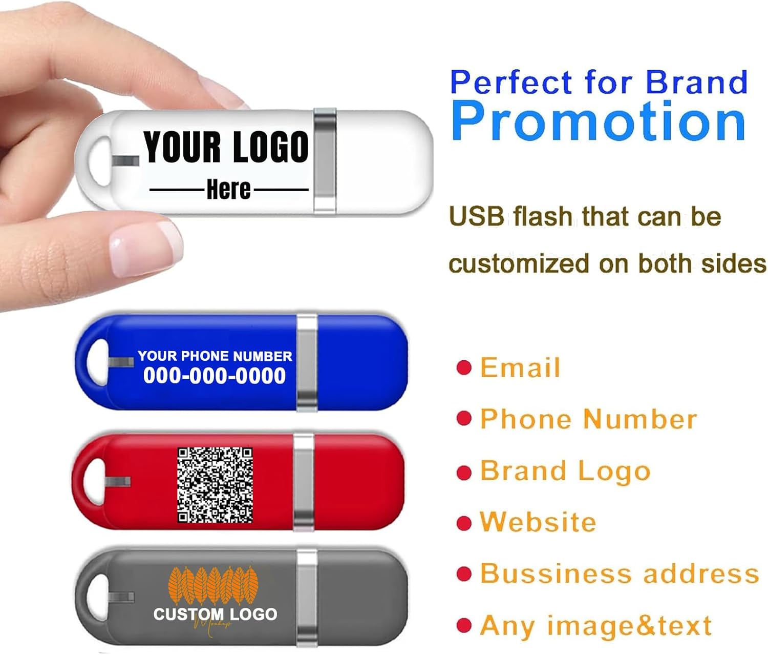 Custom USB Flash Drive 8GB 1000 Pack with Oval Cap Thumb Drive Customizable USB Drive Logo Print FEWINA Branding with Personalized USB Stick (1000 Pack,7 Color Options)