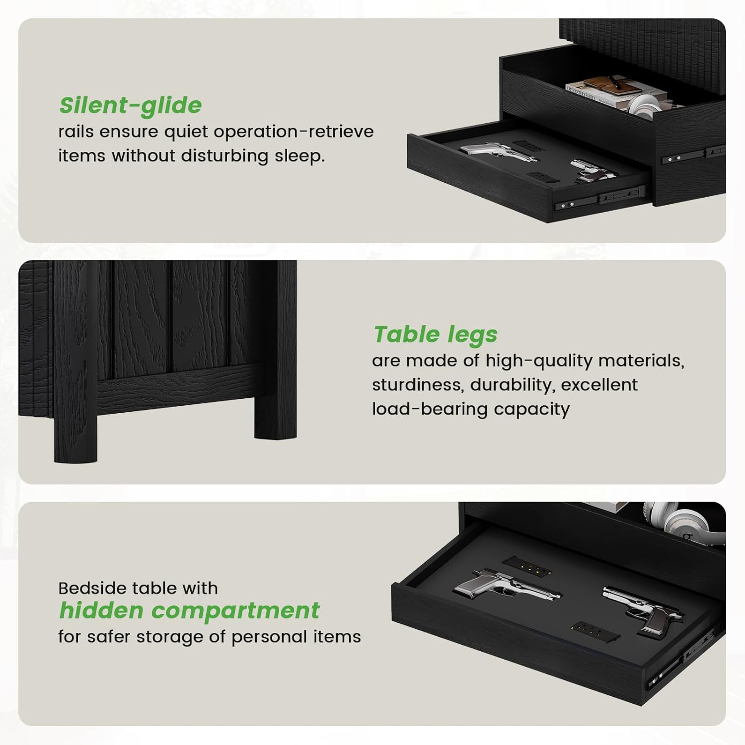 End Table Set of 2 with Gun Drawer - Farmhouse Night Stand Set 2 with Charging Station for Bedrrom, Smart Side Table with LED Lights,Hidden Compartment Nightstands-Black