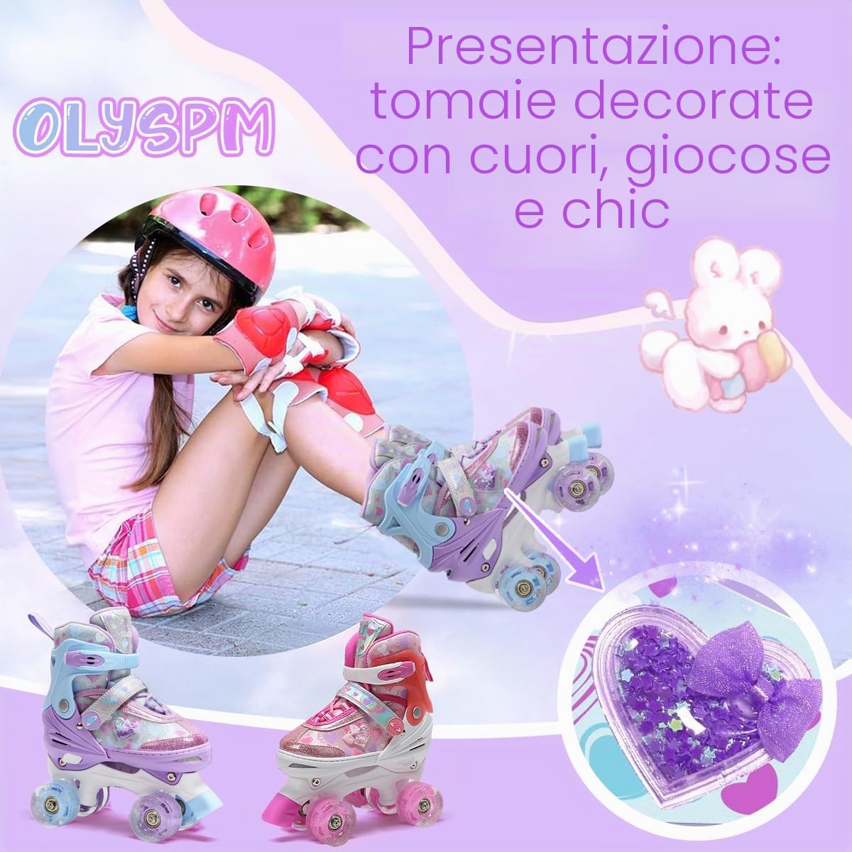 Pattini a Rotelle Bambina con Cuori Sognanti e Ruote Luminose, 4 Taglie Regolabili