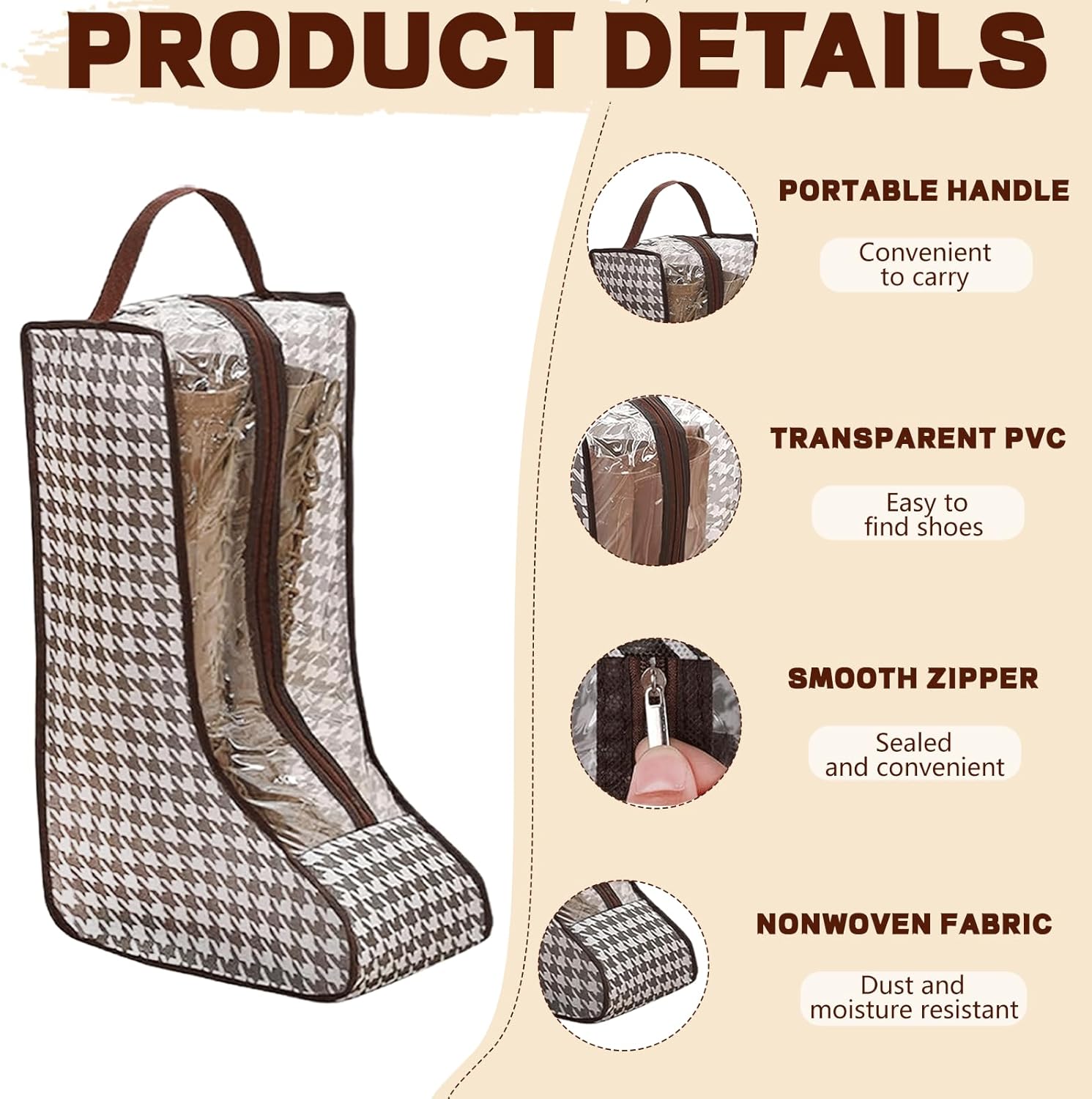 Boot Bags For Cowboy Boots,Boot Bags For Travel,Dustproof Hanging Organizer for Cowboy Boots And Short boots, Portable Travel Shoe Protector for Garage And closet Thousand Birds Grid (2Tall+2Short) - Image 5