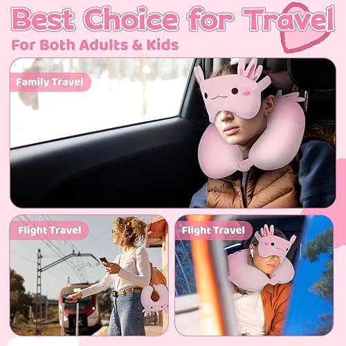 Miniatura 4 de JEROKUMI Almohada de viaje para niños, almohadas de cuello para niños con máscara de ojos, lindo axolote en forma de U, almohada de viaje para