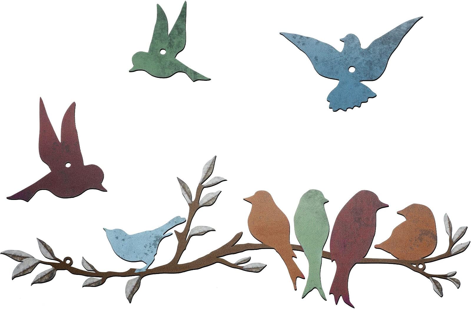 Ferraycle Metal Bird Wall Art - Birds on Branch Wall Decor With Leaves - Sculpture Silhouette Ornament for Balcony Garden Decor (Cute Colors)