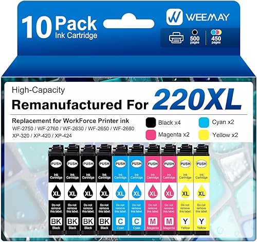 Weemay Cartuchos de tinta remanufacturados de repuesto para cartuchos de tinta Epson 220XL, funciona con Workforce WF-2750 WF-2760 WF-2630 WF-2650