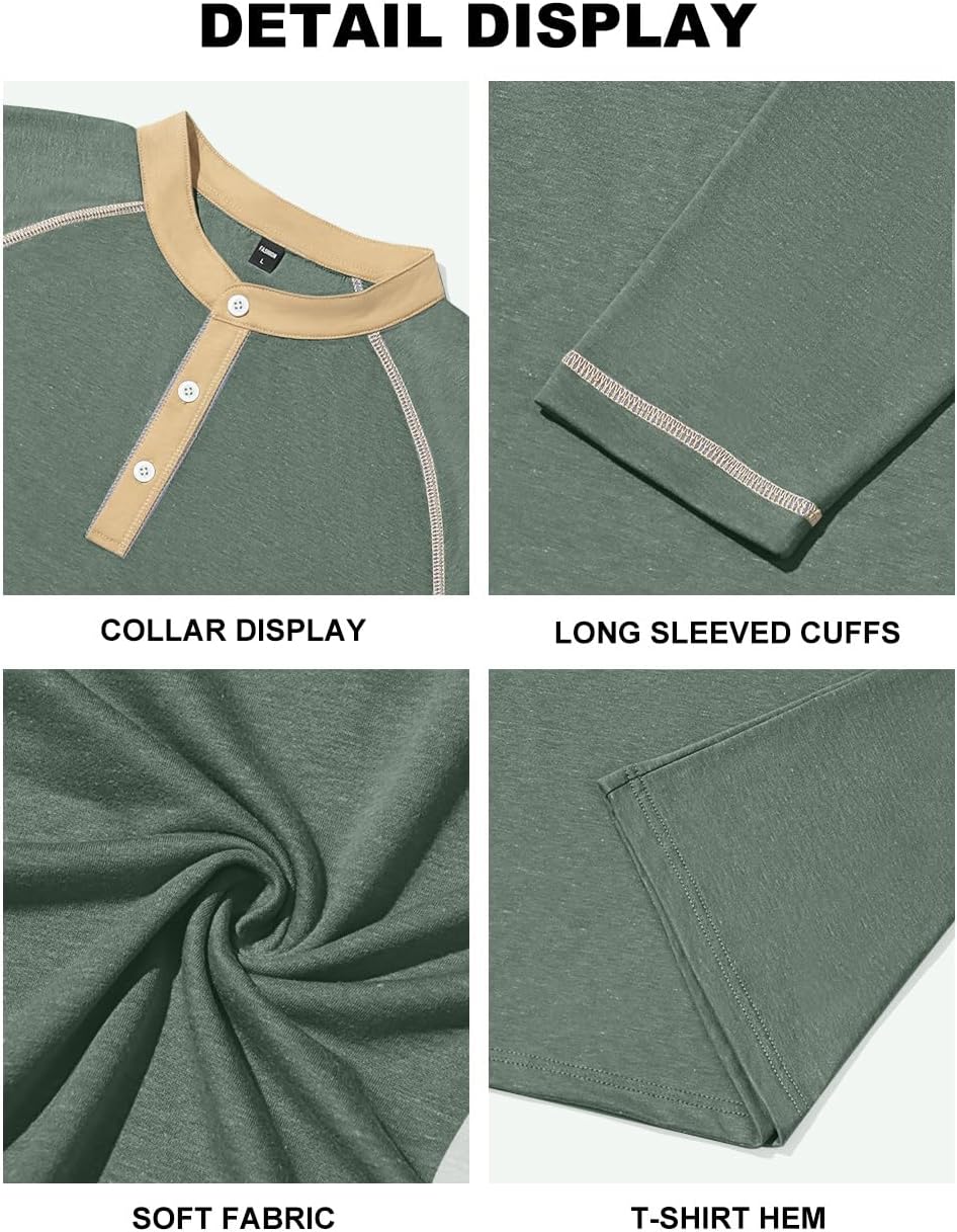 Men's Henry Long Sleeved T-Shirt Cotton Casual Button Lightweight Pullover Shirt Soft Stretch Tees Tops