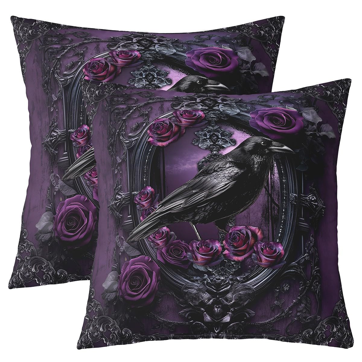 Manfei Gothic Crow Throw Pillow Covers (Pack of 2),Purple Rose Flower Cushion Cover for Girls Boys Teens Vintage European Floral Pillow Cases Black Purple Living Room Sofa Bed Decor,22" Lx22 W — image 1