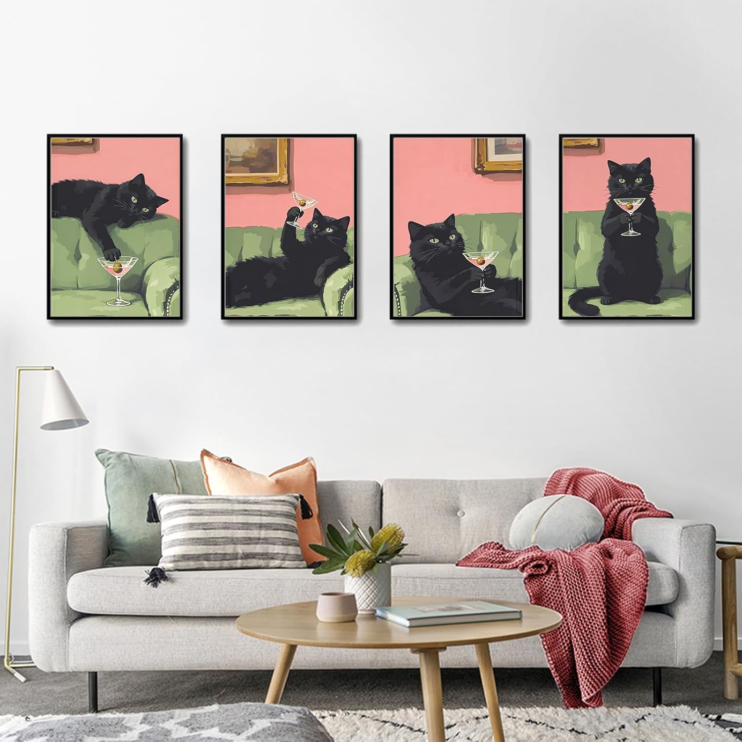 4 Pack Framed Paint by Numbers Kit for Adults with Wooden Easel, Black Cat Paint by Numbers for Beginners, Funny Retro Cocktail DIY Acrylic Painting Kit for Stress Relief Home Wall Decor, 8x12 Inch
