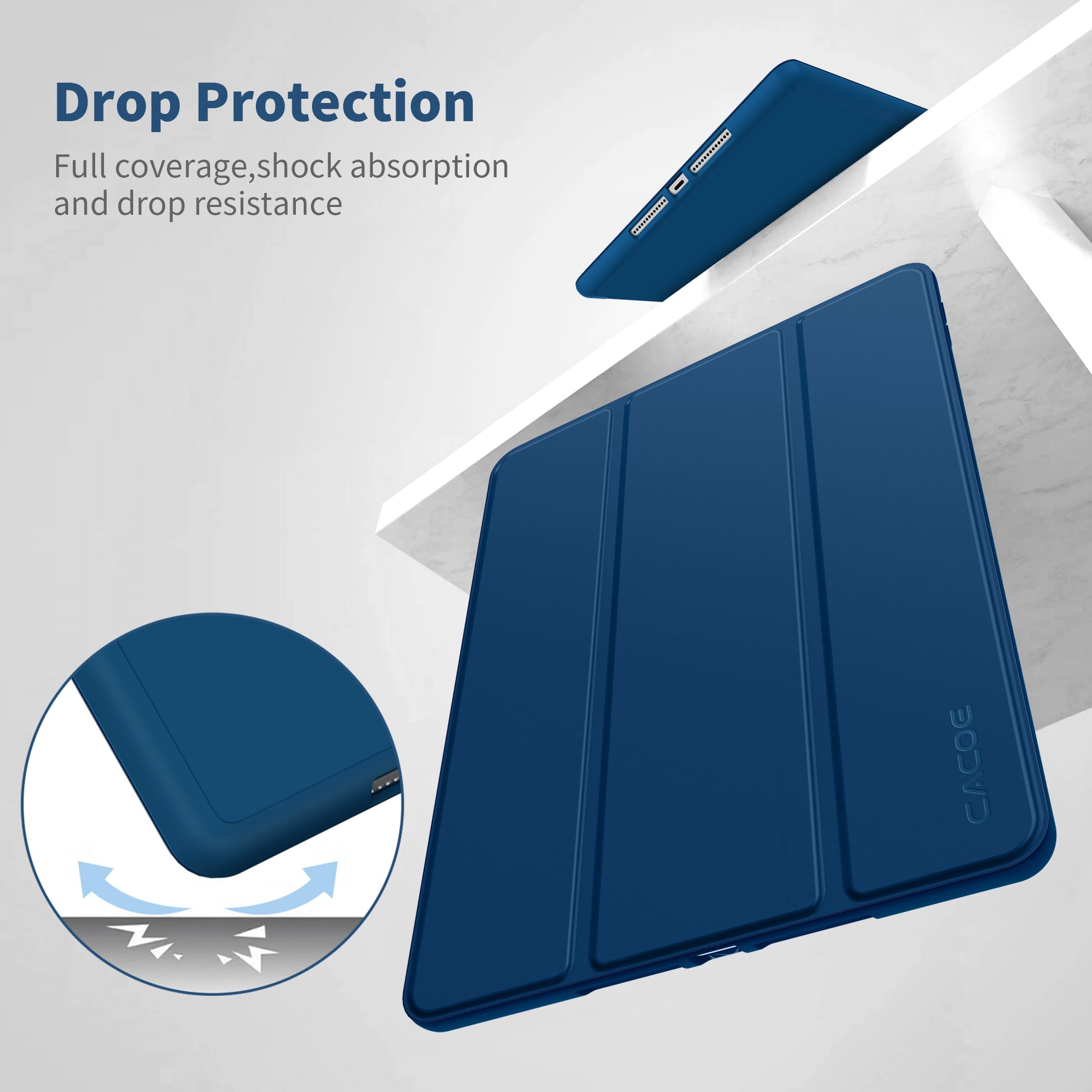 CACOE Cover Custodia Compatibile con iPad 8a Generazione 2020/iPad 7a Gen 2019, Leggero Cover Protettivo Supporto Pieghevole con Pencil Holder per iPad 10.2, Auto Sveglia/Sonno,Mare Blu