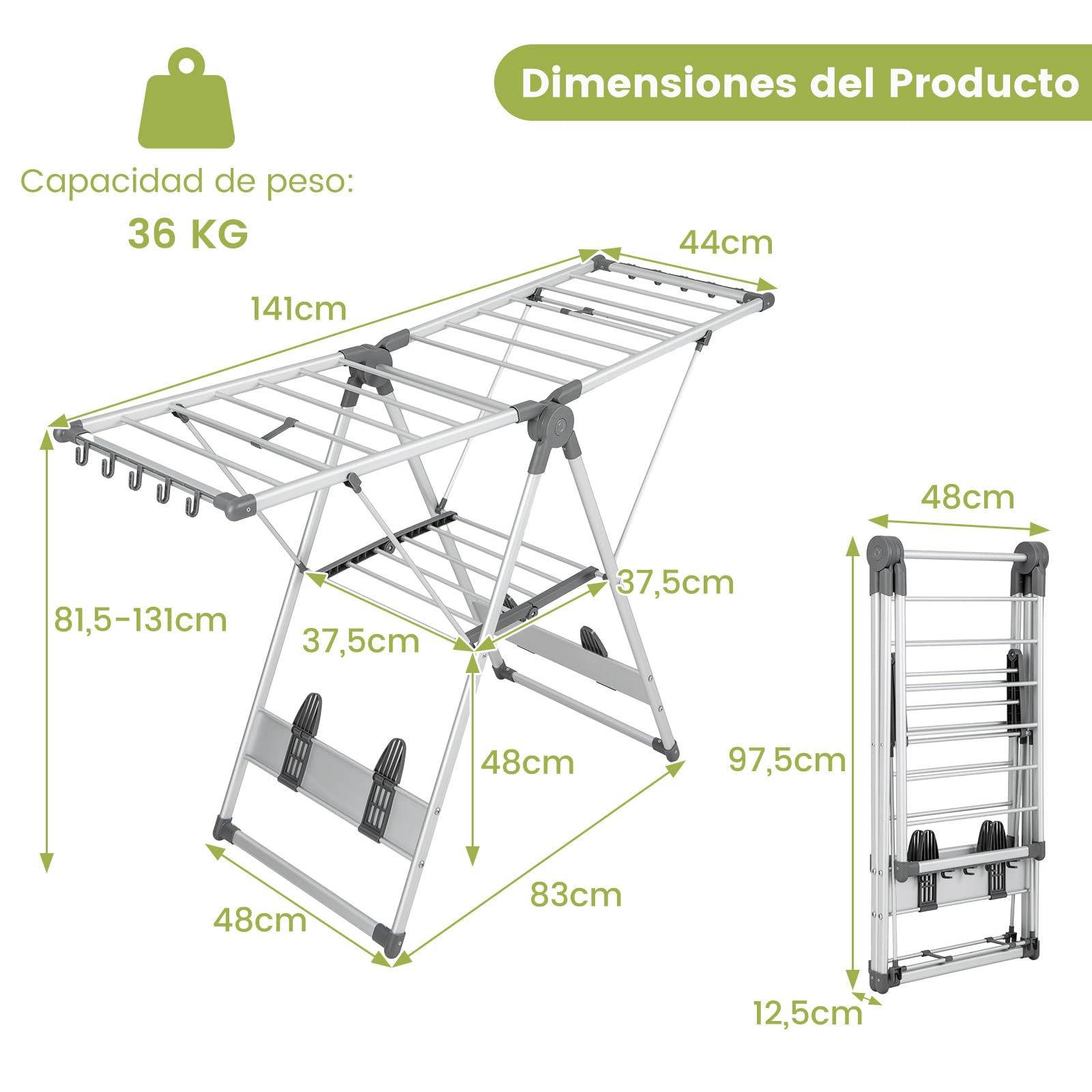 COSTWAY Tendedero Plegable de Aluminio de 5 Niveles, Tendedero de 2 Capas con Altura Ajustable, 21 Rieles De Secado, 10 Clips Laterales, 4 Soportes para Zapatos, Colgador Plegable para Ropa