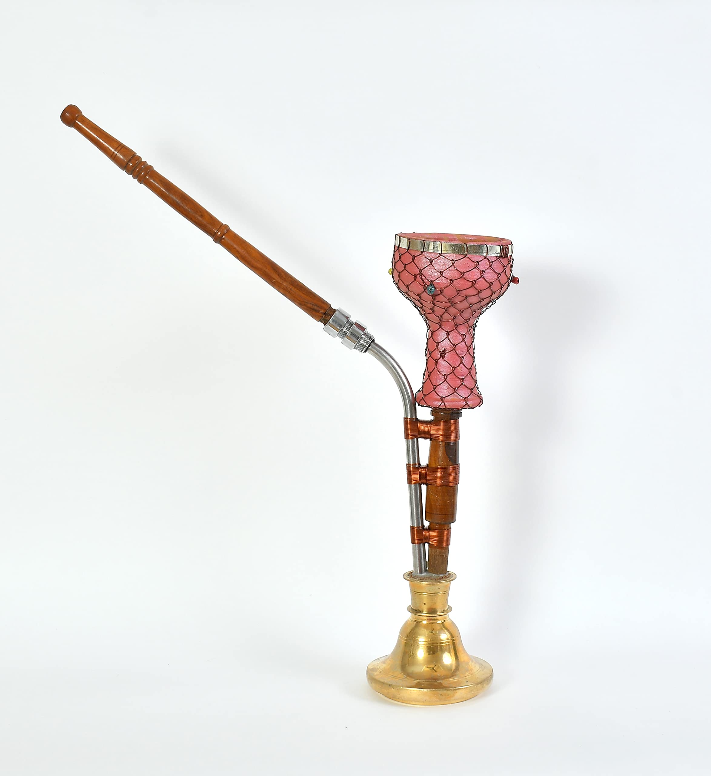 Copper Gold Ross desi Brass Haryanvi Hookah pital with Stand and mitti chillum Size 18×17×5 inches 1