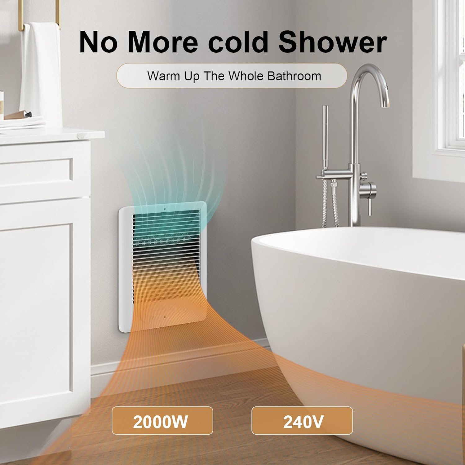 Electric Wall Heater Complete Unit with Thermostat, Model CSC202TW, 2000 Watt, 240 Volt, White