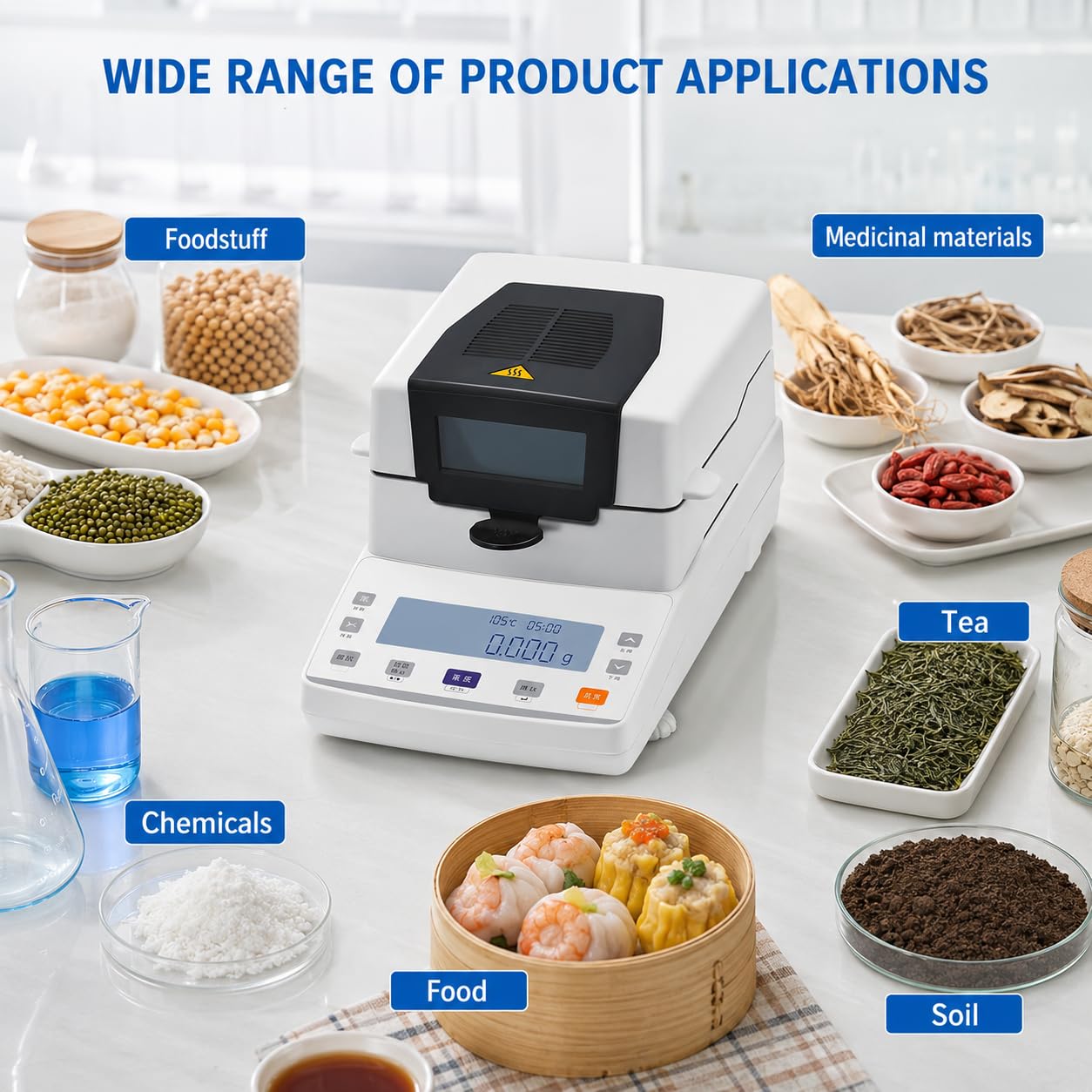 Analizador de humedad halógeno, capacidad de 110 g, precisión de 0,01 g, pantalla LCD para agricultura, medicina, pruebas de plástico y aplicaciones de laboratorio