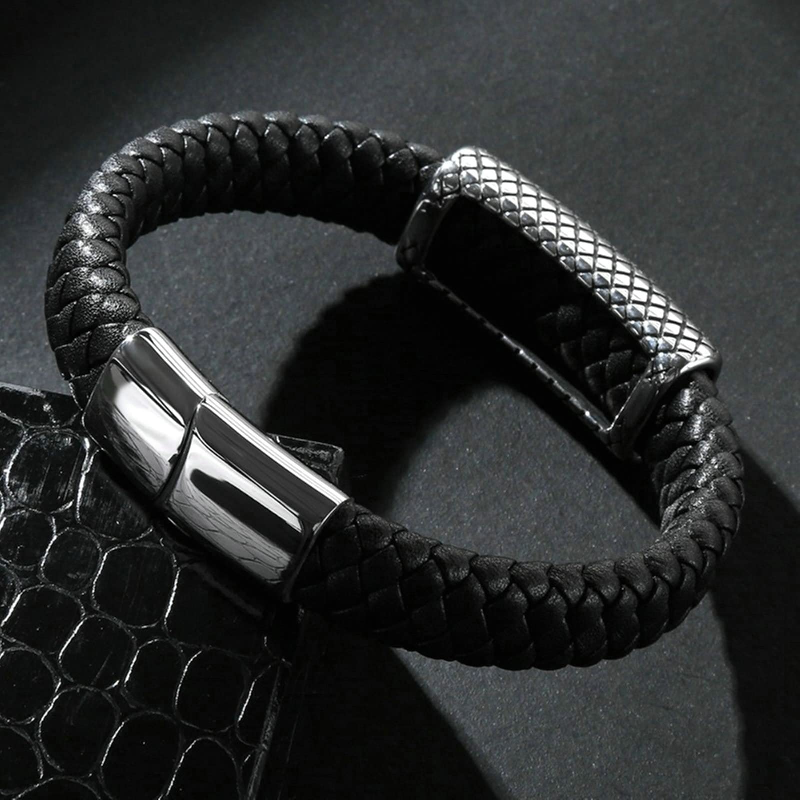 WXKAGF Herrenarmband aus Edelstahl, Herrenarmbänder, geflochtenes Lederarmband mit schwarzgoldener Schnalle, 16,5 cm Länge, Gothic-Schmuck für Herrenarmband